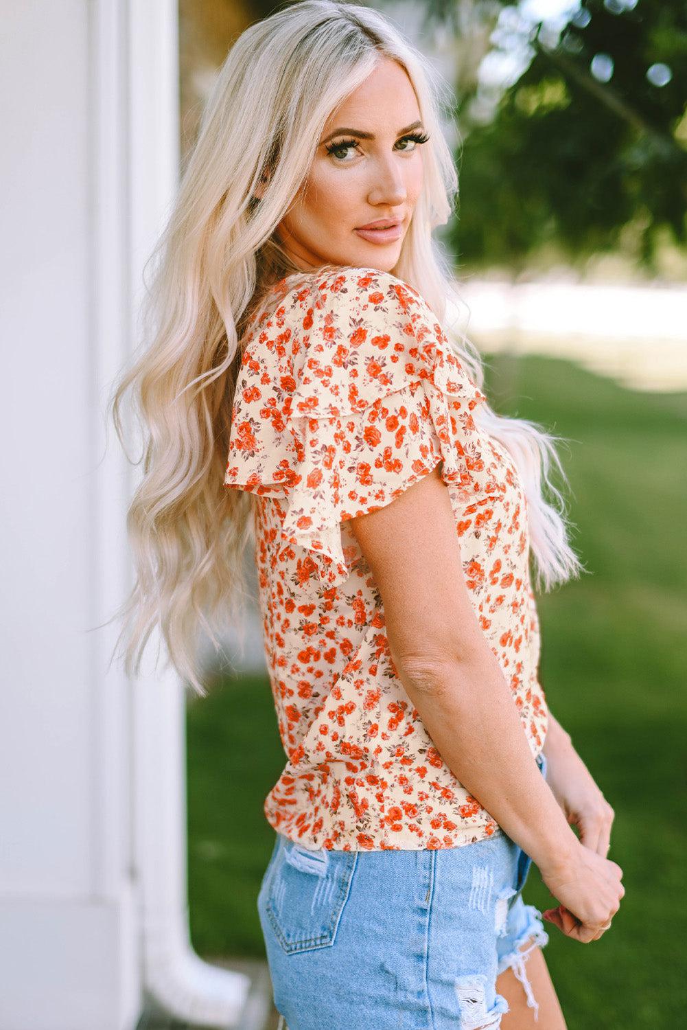 Floral Round Neck Flutter Sleeve Blouse BLUE ZONE PLANET