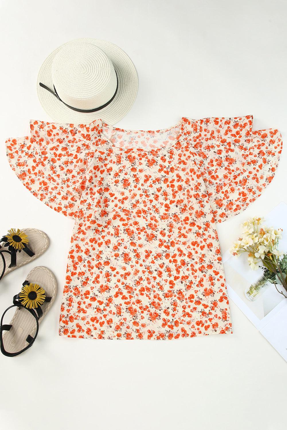 Floral Round Neck Flutter Sleeve Blouse BLUE ZONE PLANET