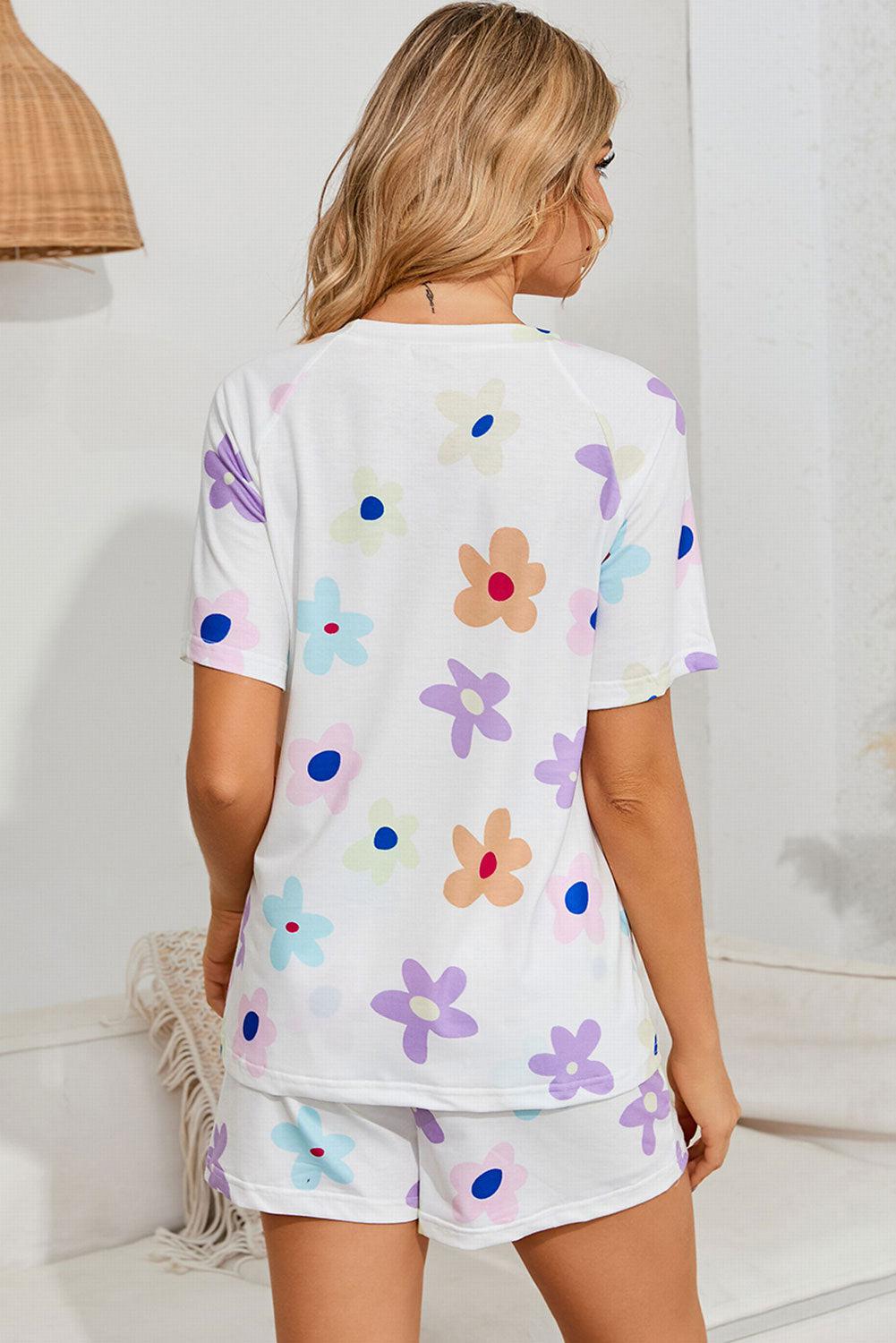 Floral Round Neck Raglan Sleeve Top and Shorts Lounge Set BLUE ZONE PLANET