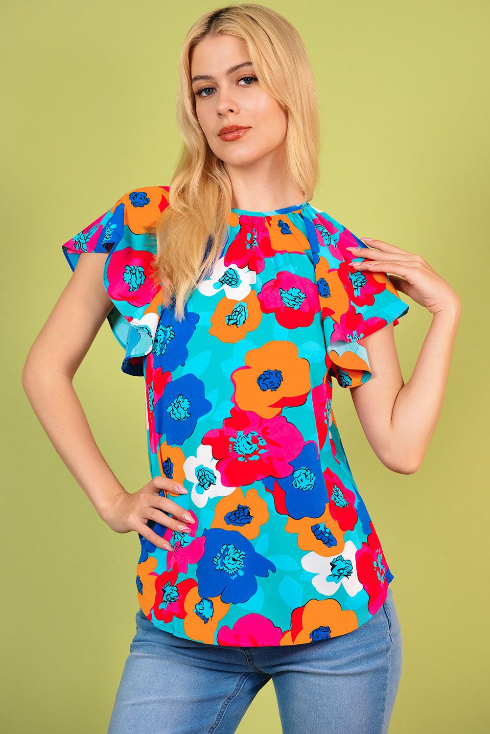Floral Round Neck Tied Blouse BLUE ZONE PLANET