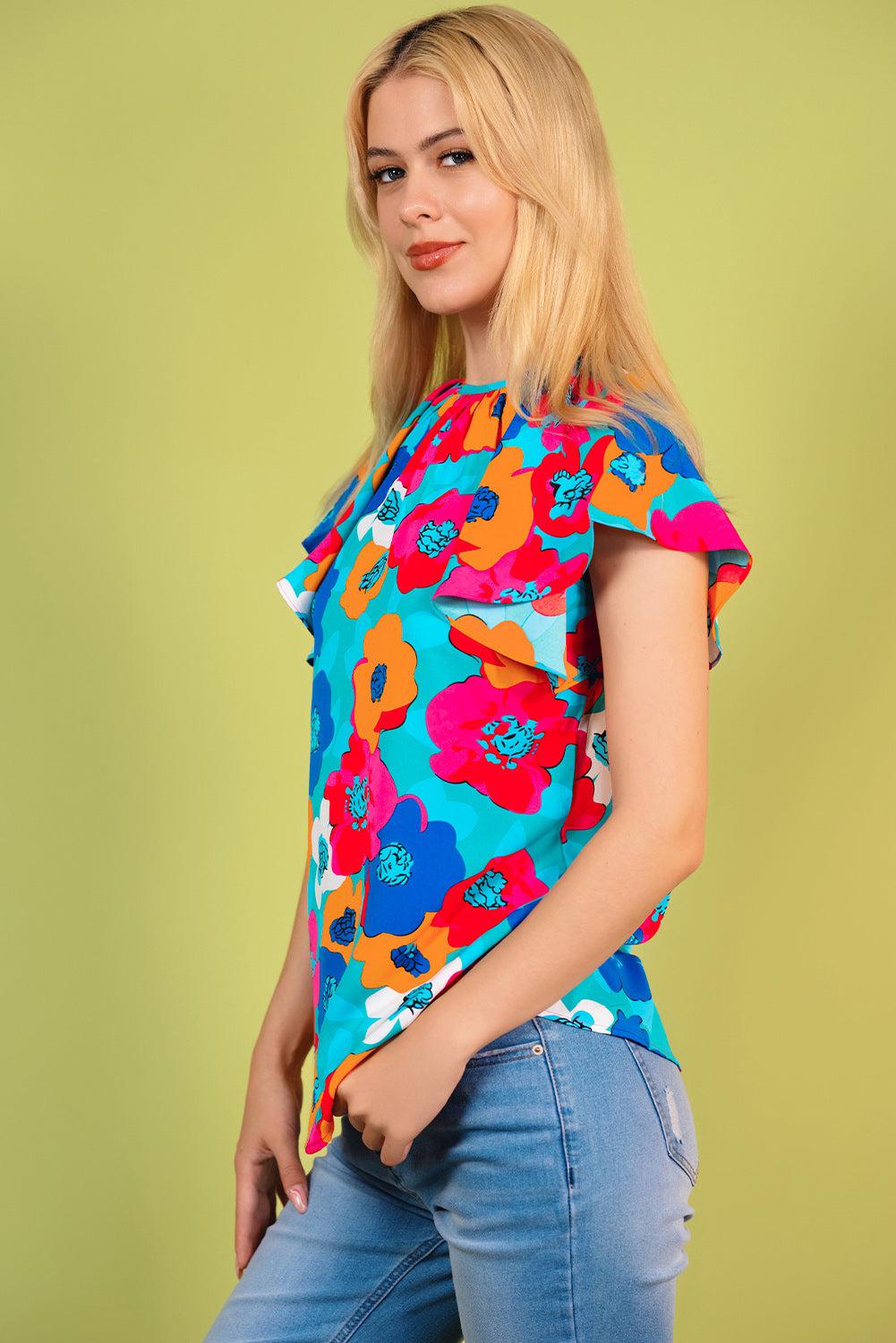 Floral Round Neck Tied Blouse BLUE ZONE PLANET