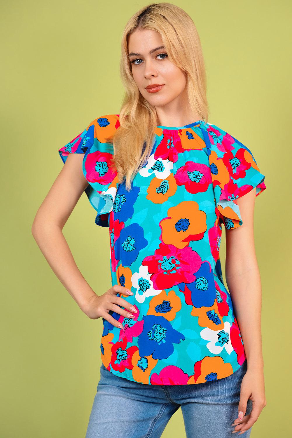 Floral Round Neck Tied Blouse BLUE ZONE PLANET