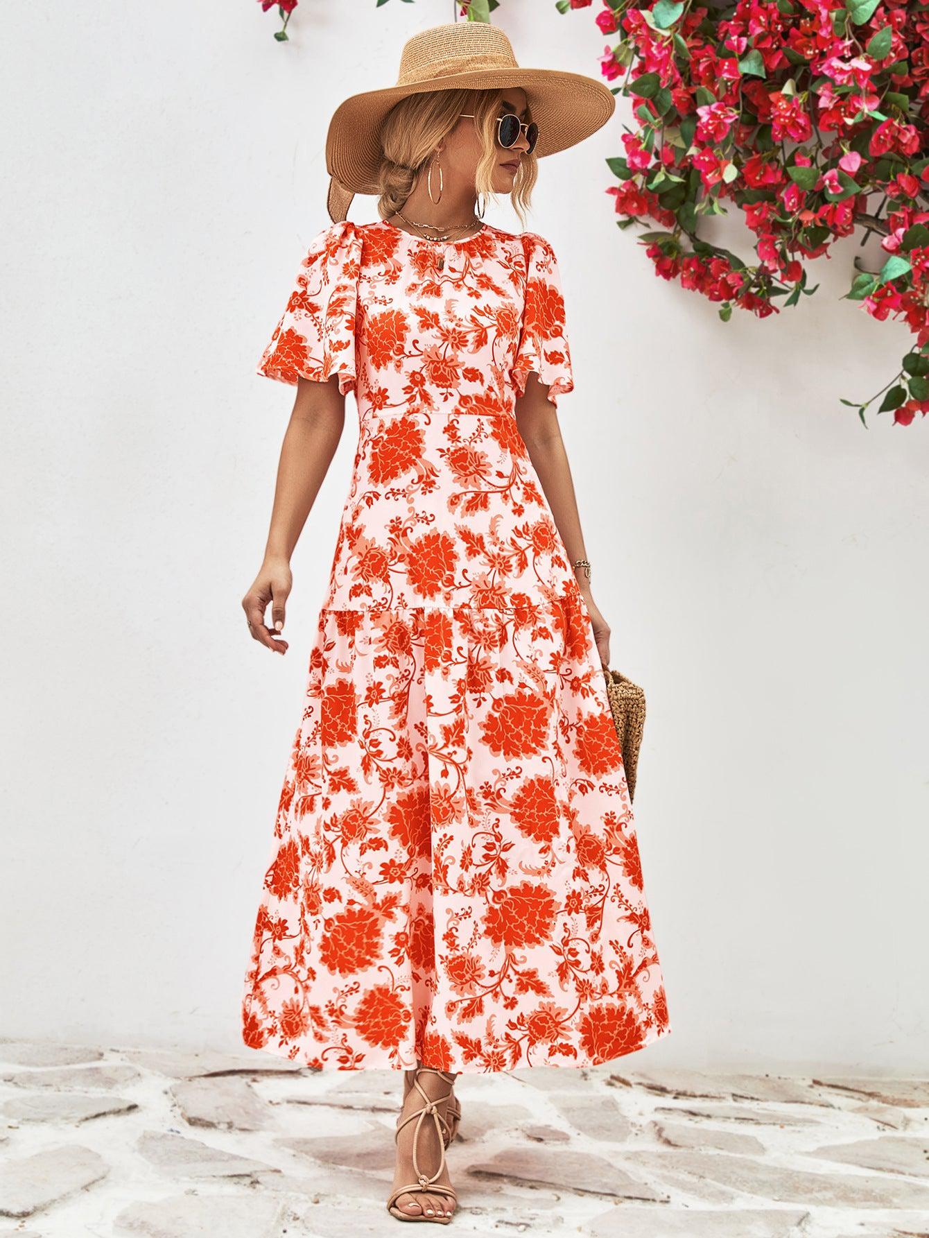 Floral Round Neck Tied Open Back Dress BLUE ZONE PLANET