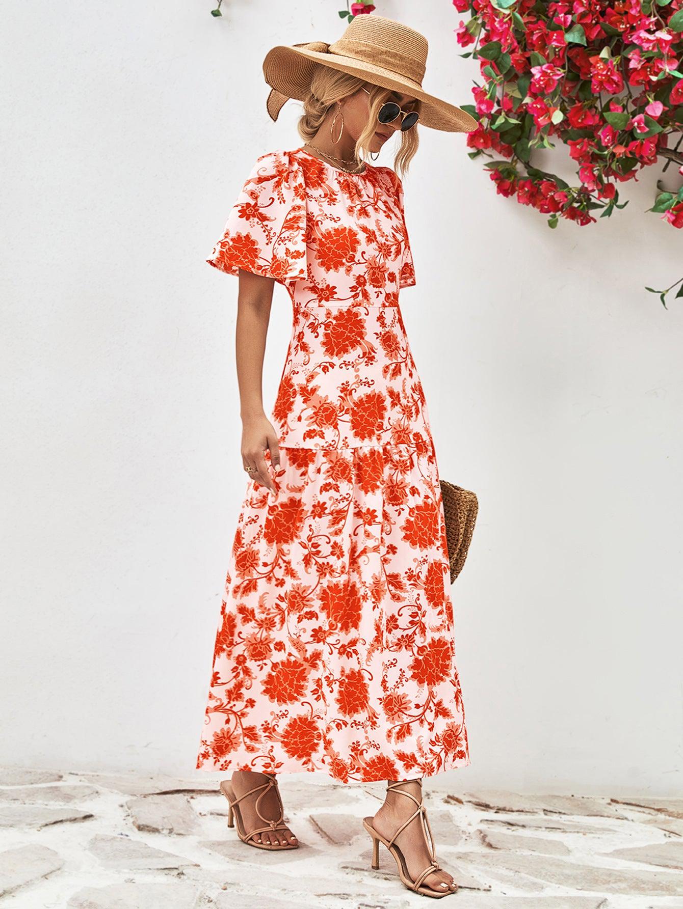 Floral Round Neck Tied Open Back Dress BLUE ZONE PLANET