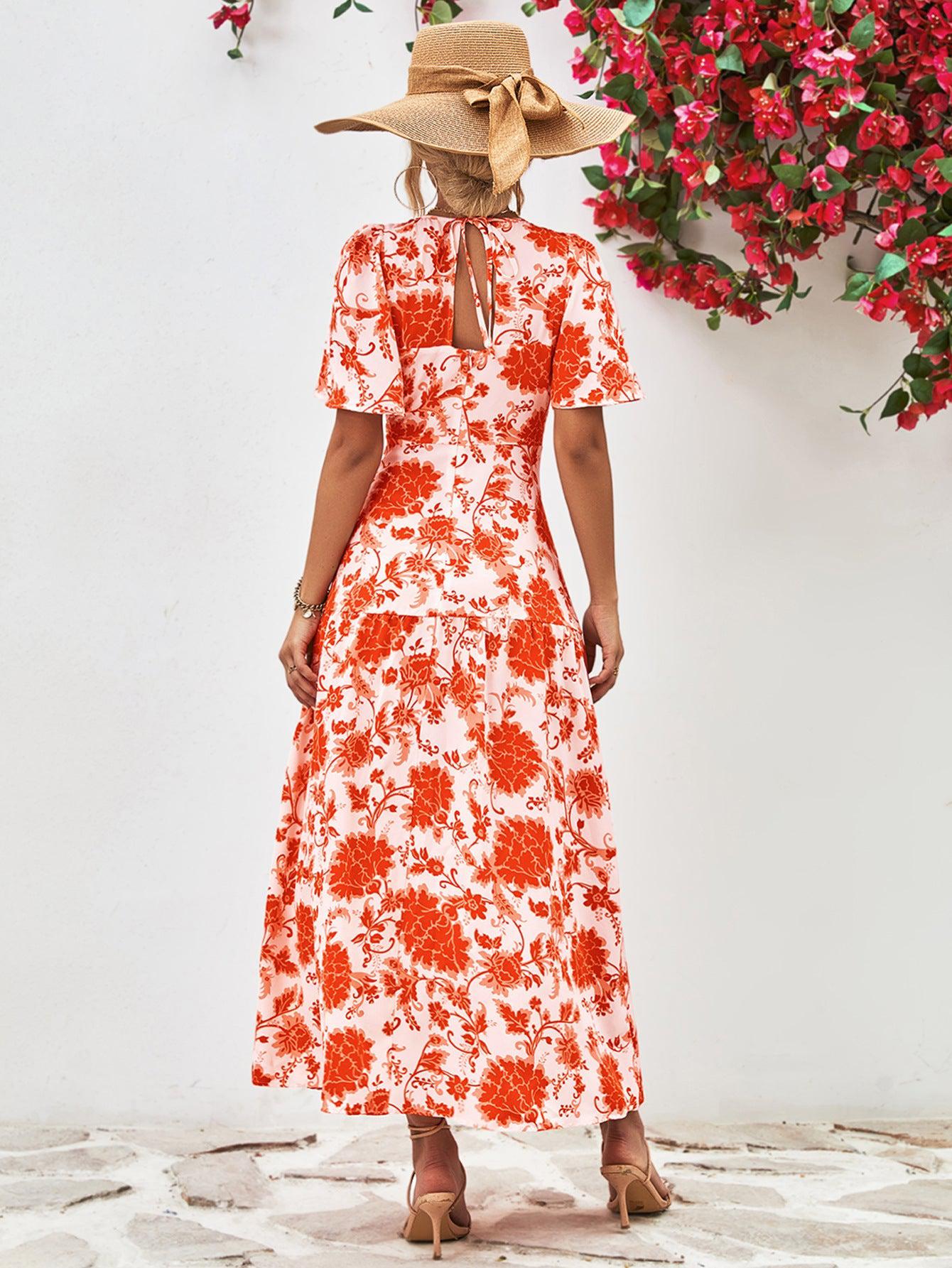 Floral Round Neck Tied Open Back Dress BLUE ZONE PLANET
