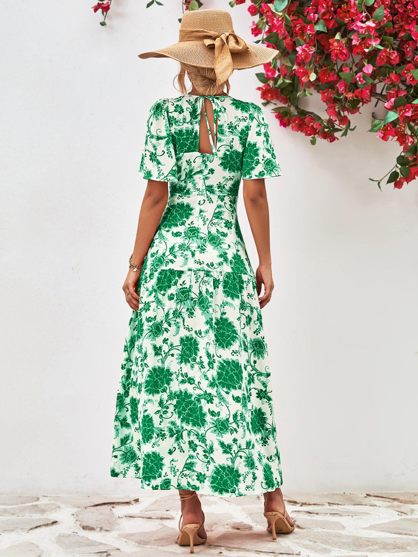 Floral Round Neck Tied Open Back Dress BLUE ZONE PLANET