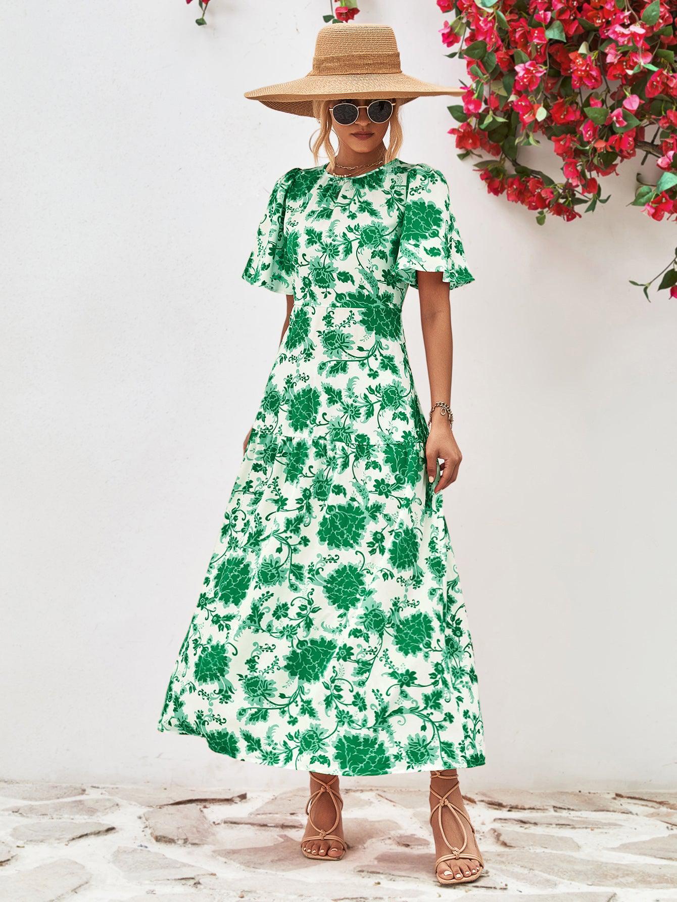 Floral Round Neck Tied Open Back Dress BLUE ZONE PLANET