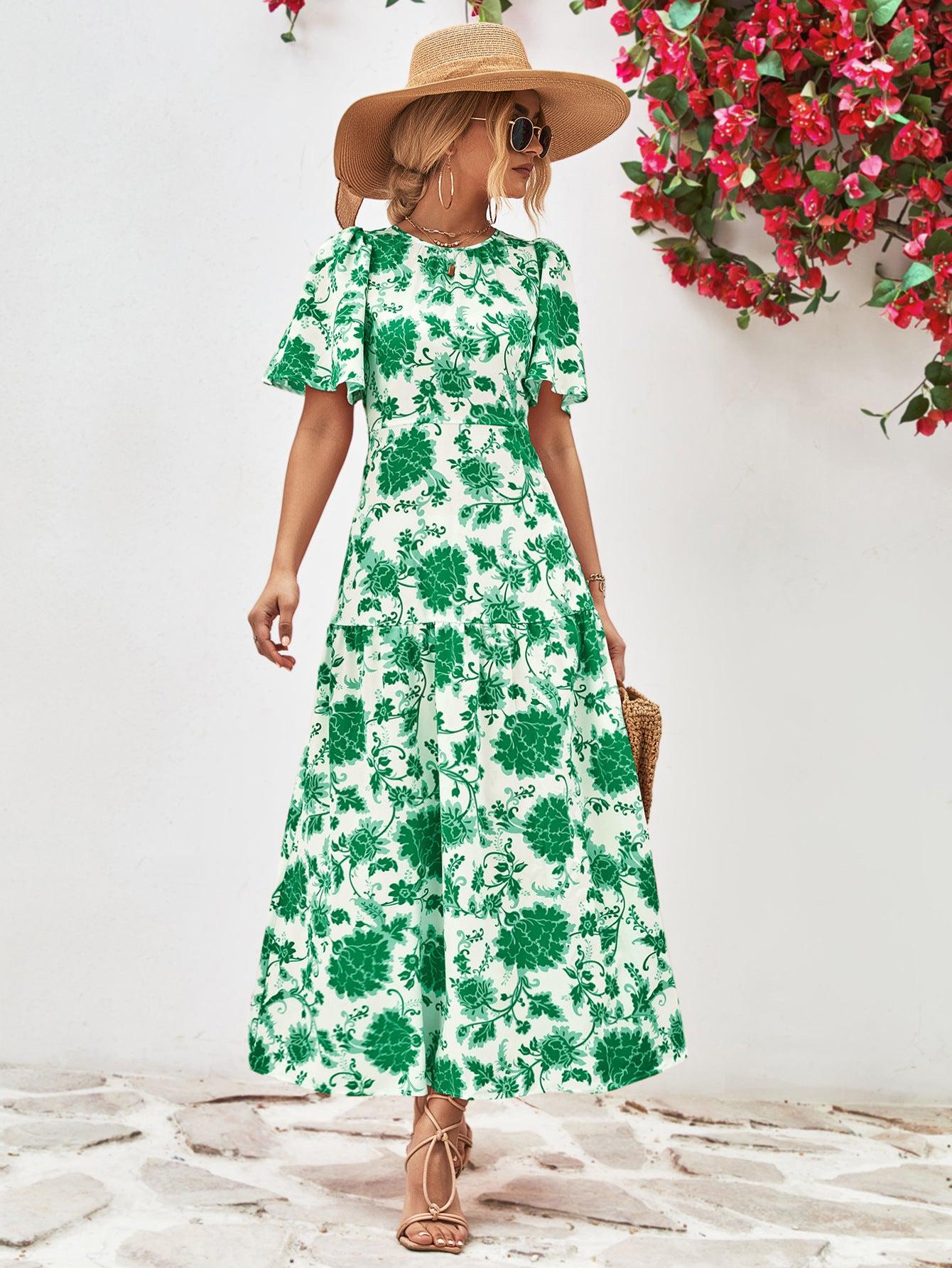 Floral Round Neck Tied Open Back Dress BLUE ZONE PLANET