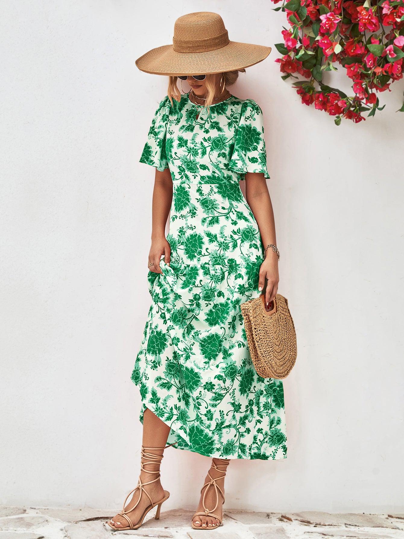Floral Round Neck Tied Open Back Dress BLUE ZONE PLANET