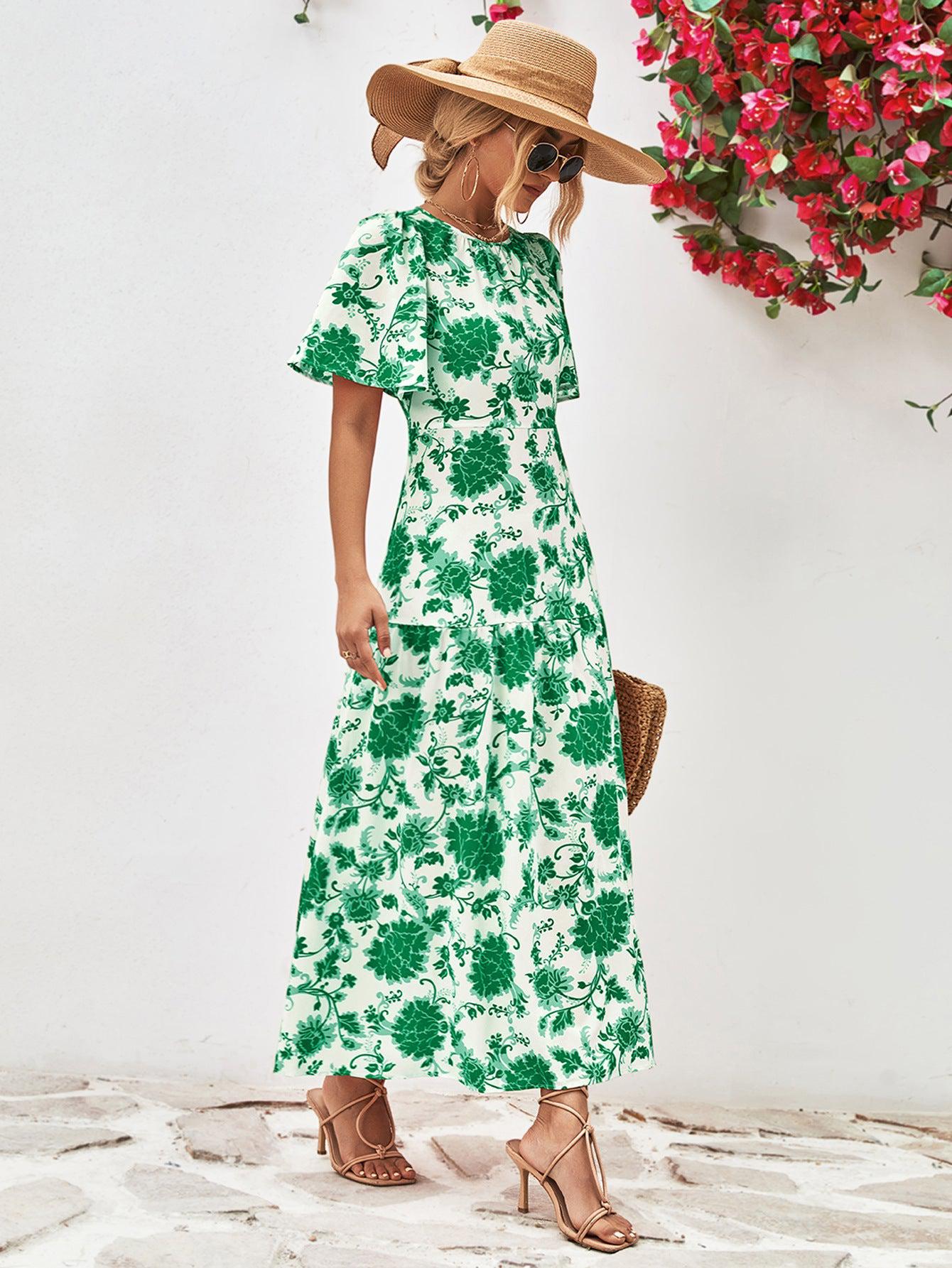 Floral Round Neck Tied Open Back Dress BLUE ZONE PLANET