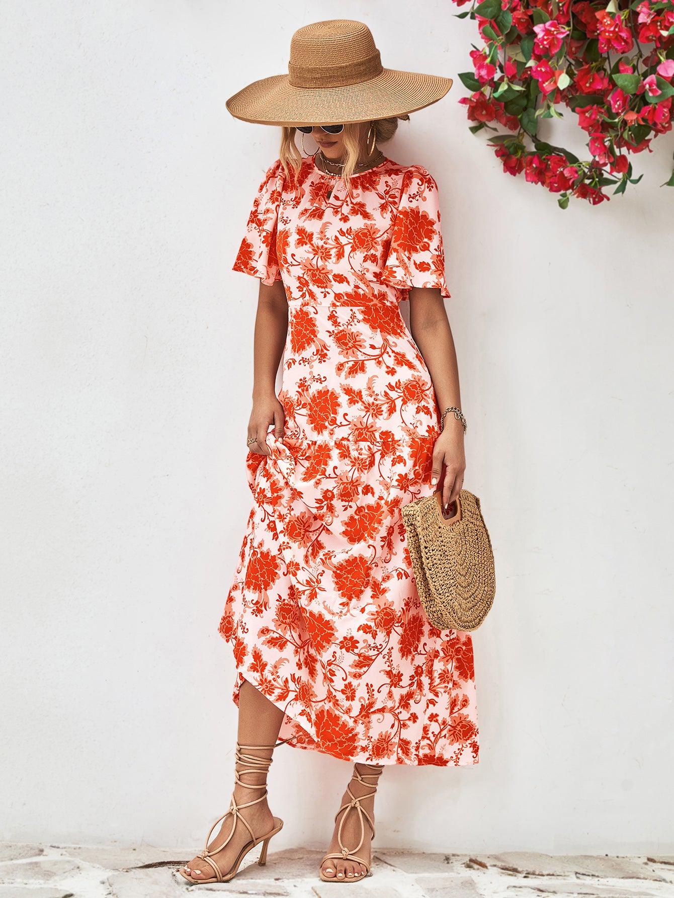 Floral Round Neck Tied Open Back Dress BLUE ZONE PLANET