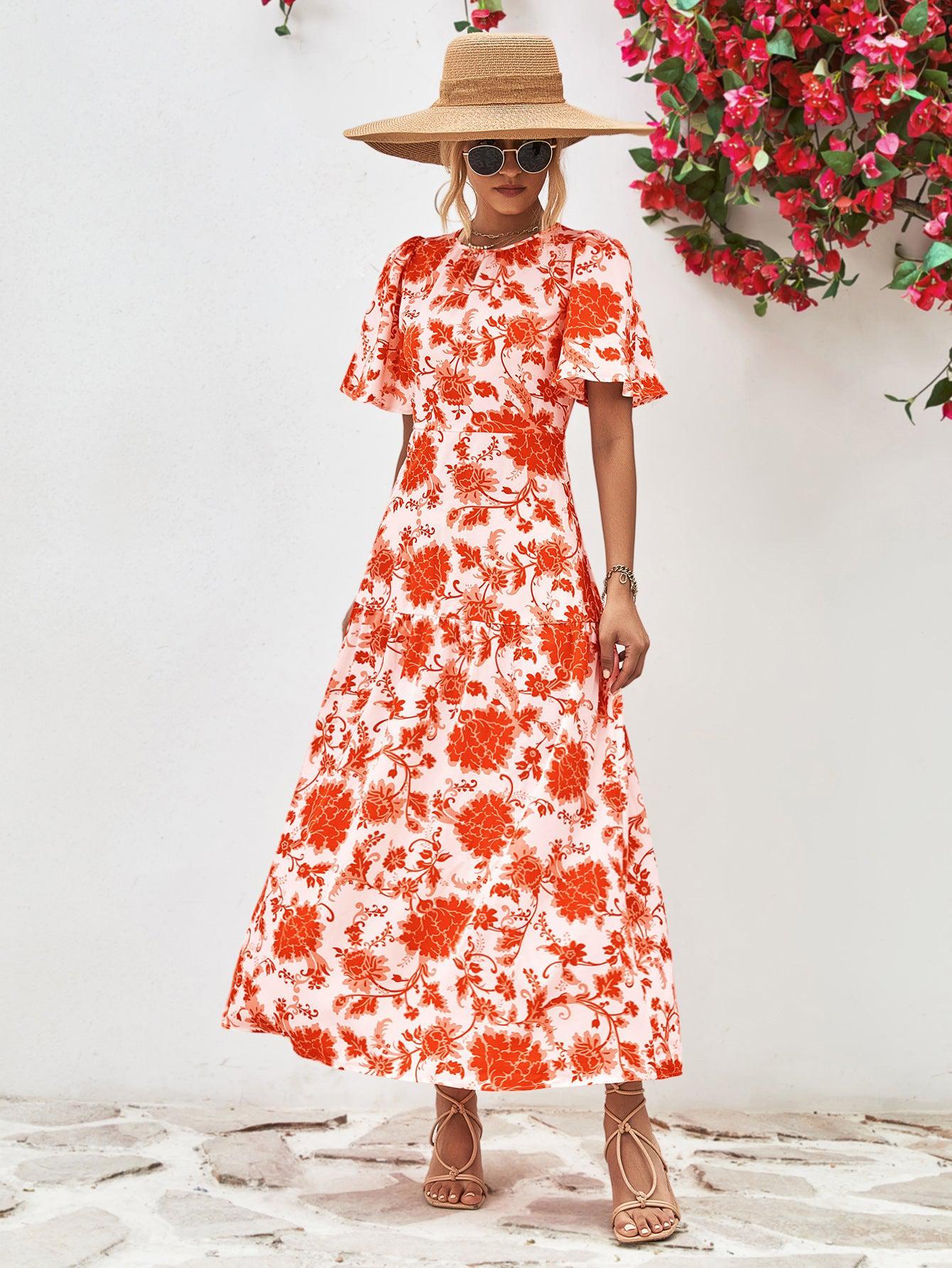 Floral Round Neck Tied Open Back Dress BLUE ZONE PLANET