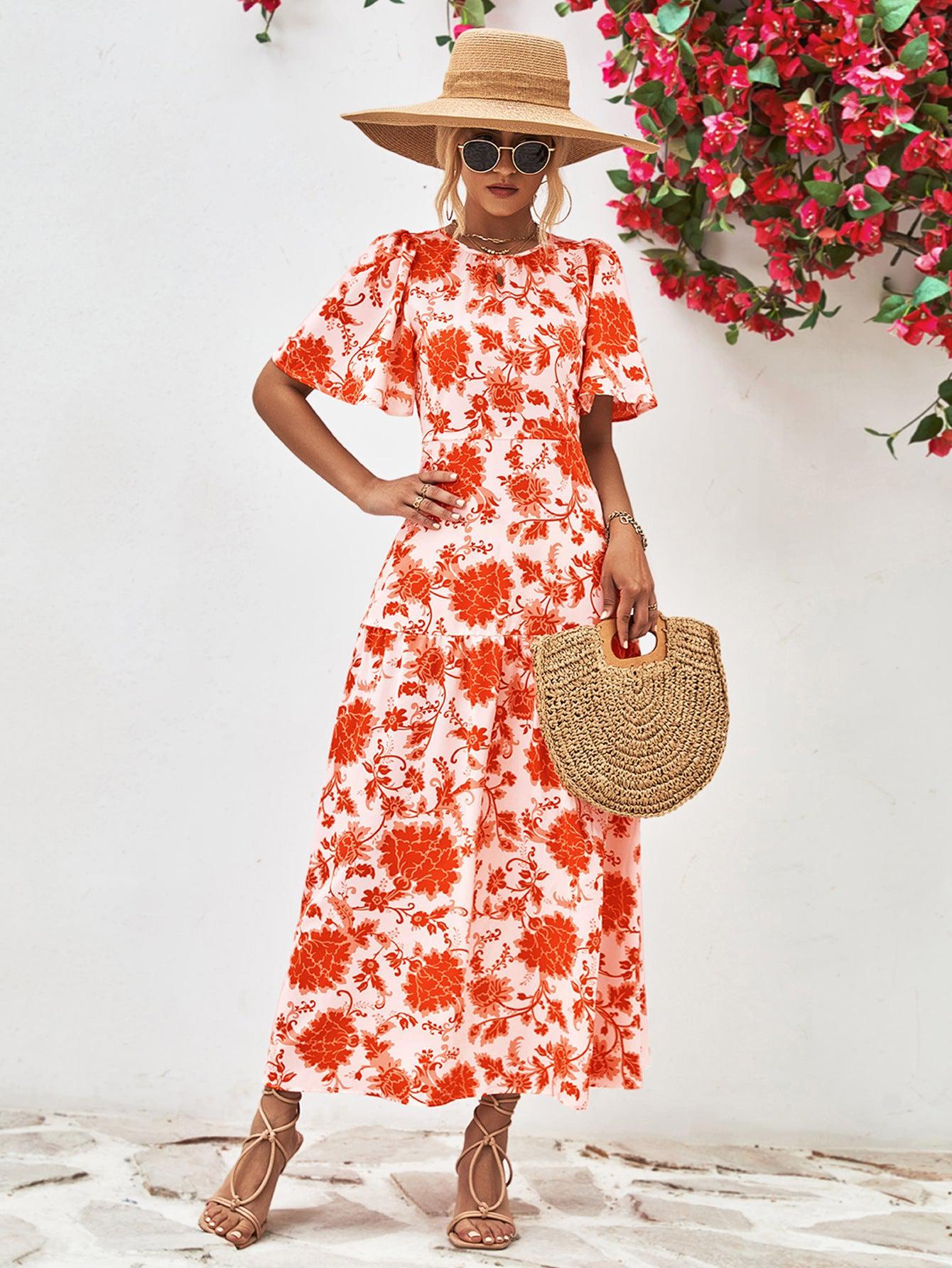 Floral Round Neck Tied Open Back Dress BLUE ZONE PLANET