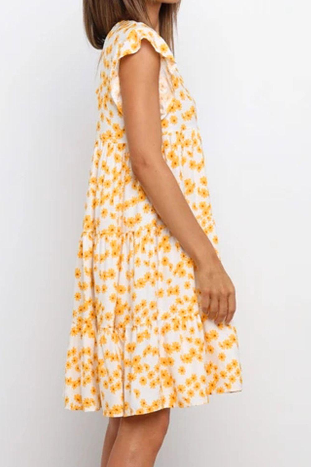 Floral Round Neck Tiered Mini Dress BLUE ZONE PLANET