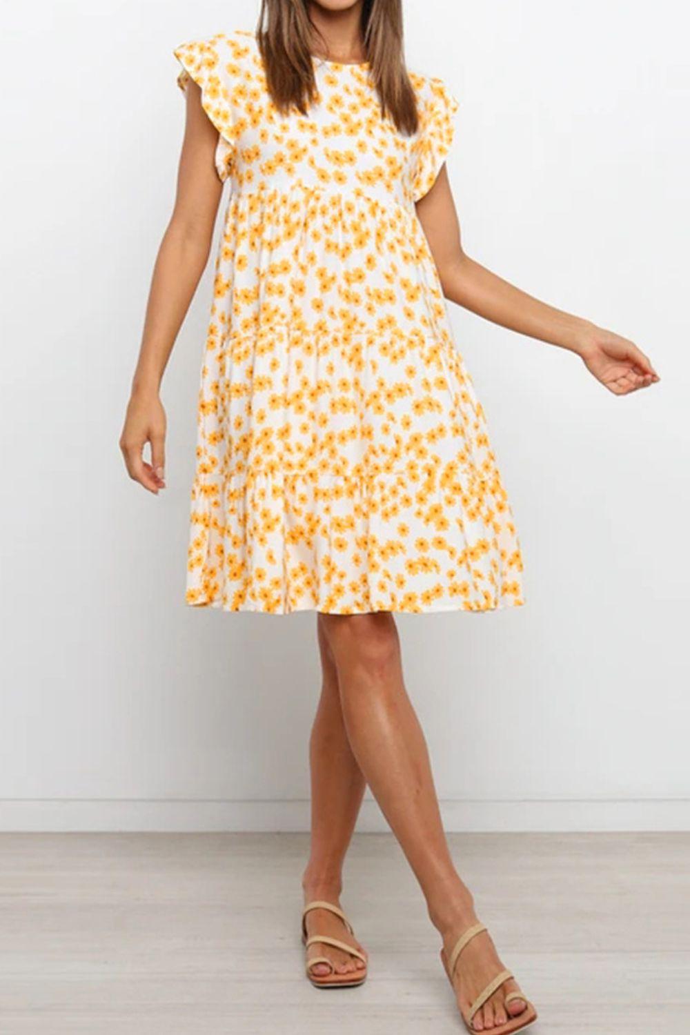 Floral Round Neck Tiered Mini Dress BLUE ZONE PLANET