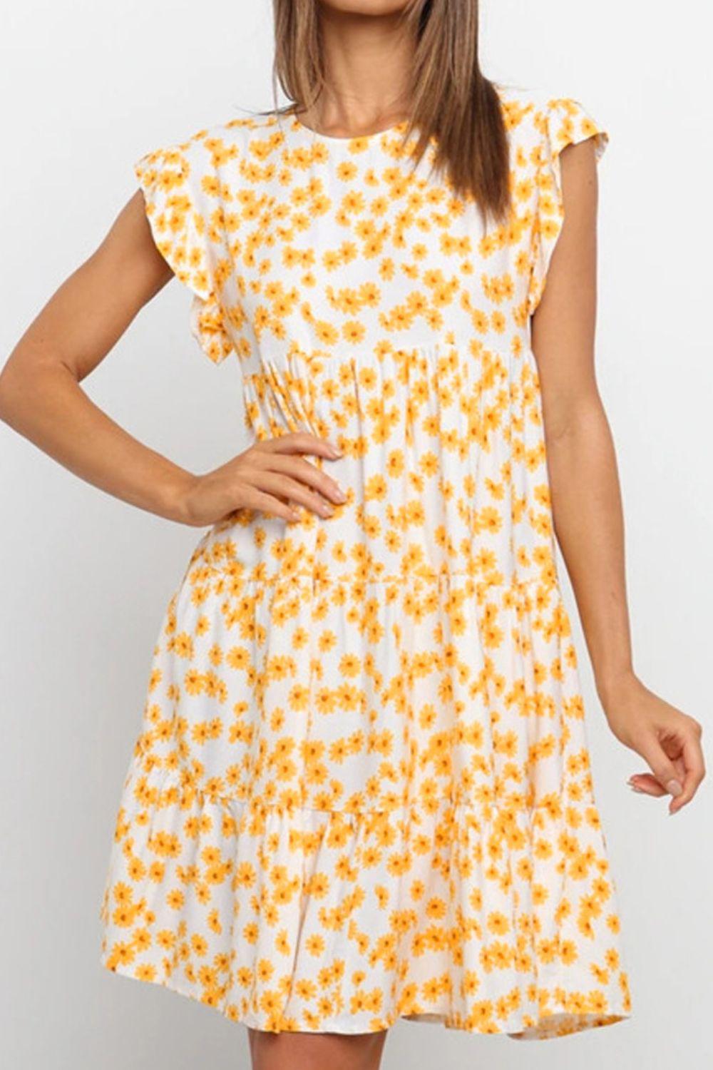 Floral Round Neck Tiered Mini Dress BLUE ZONE PLANET