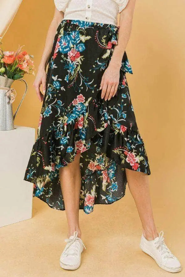 Floral Ruffle Skirt With Trim High-Low Blue Zone Planet