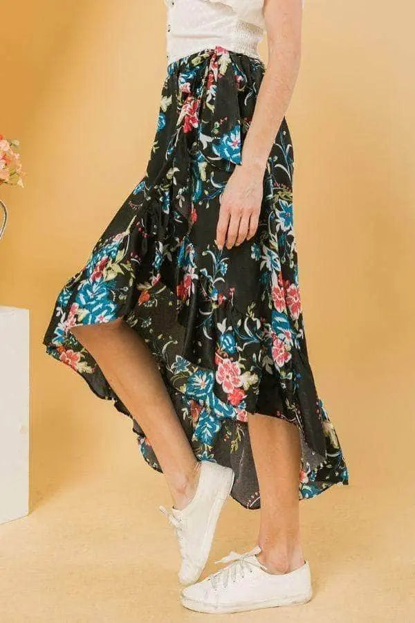 Floral Ruffle Skirt With Trim High-Low Blue Zone Planet