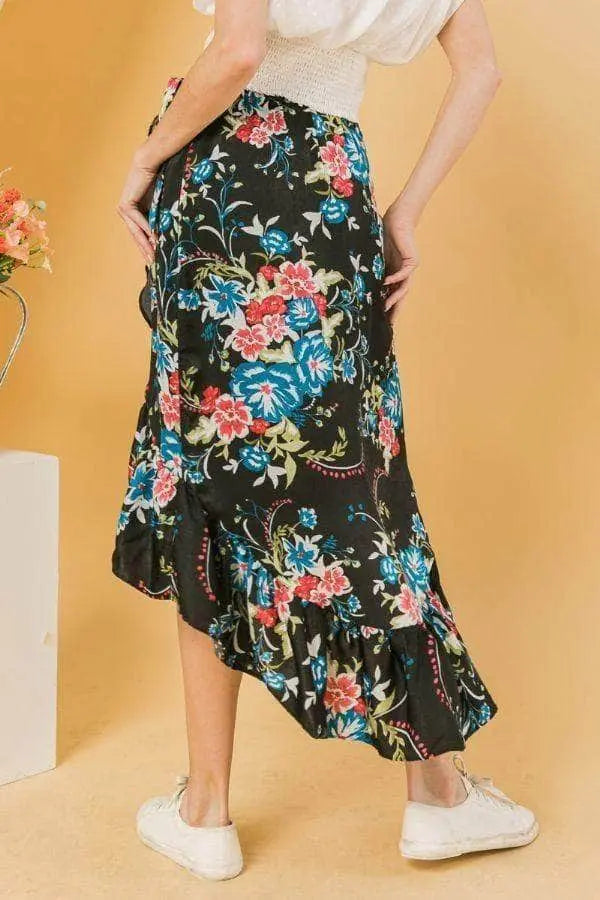 Floral Ruffle Skirt With Trim High-Low Blue Zone Planet