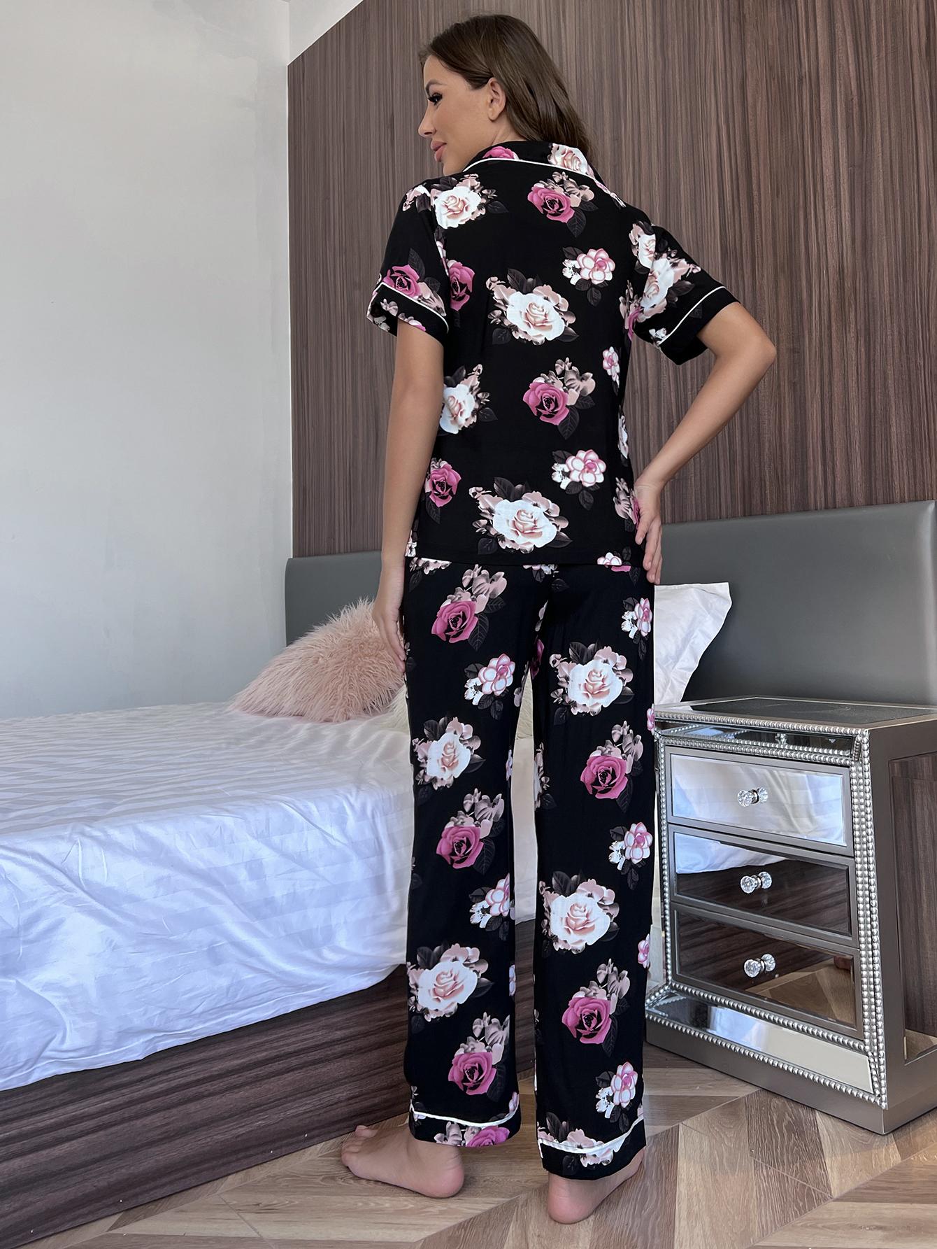Floral Short Sleeve Shirt and Pants Lounge Set BLUE ZONE PLANET