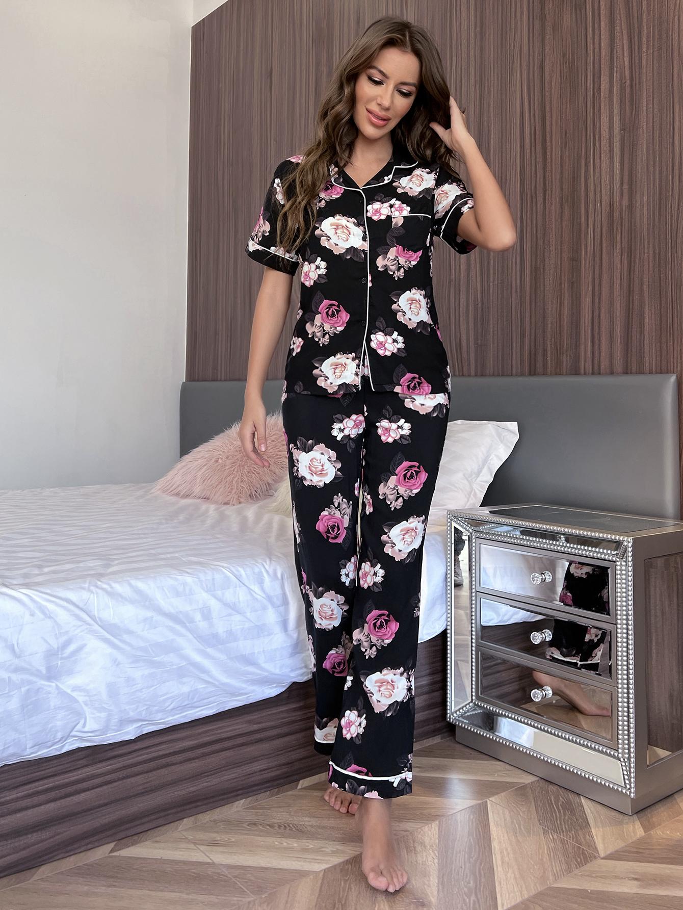 Floral Short Sleeve Shirt and Pants Lounge Set BLUE ZONE PLANET