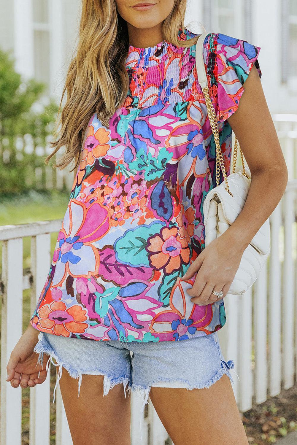 Floral Smocked Flutter Sleeve Top BLUE ZONE PLANET