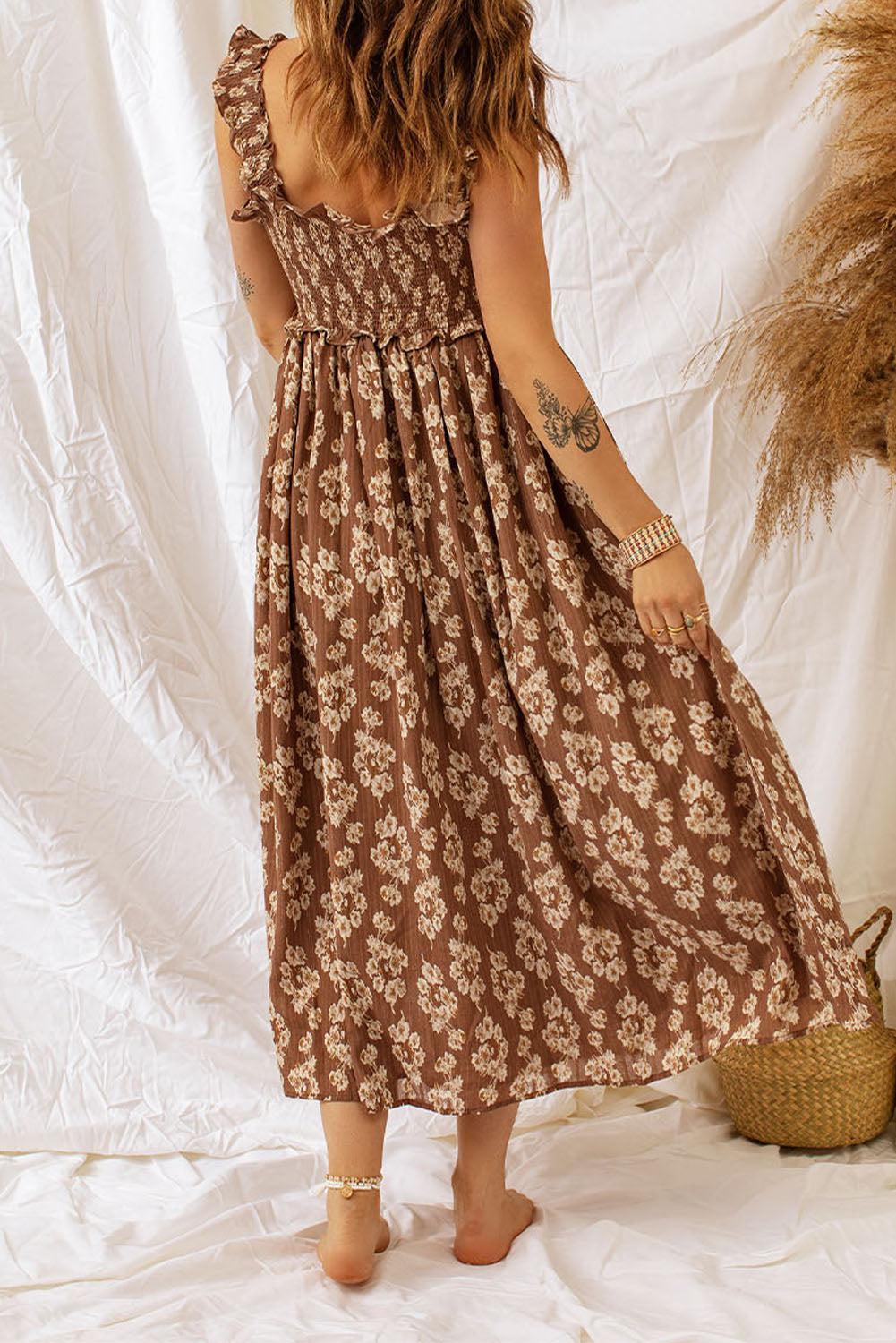 Floral Smocked Square Neck Dress BLUE ZONE PLANET