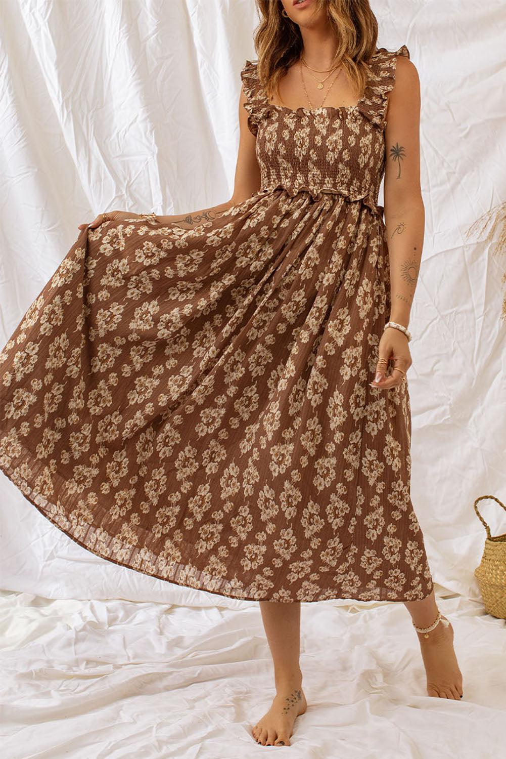 Floral Smocked Square Neck Dress BLUE ZONE PLANET