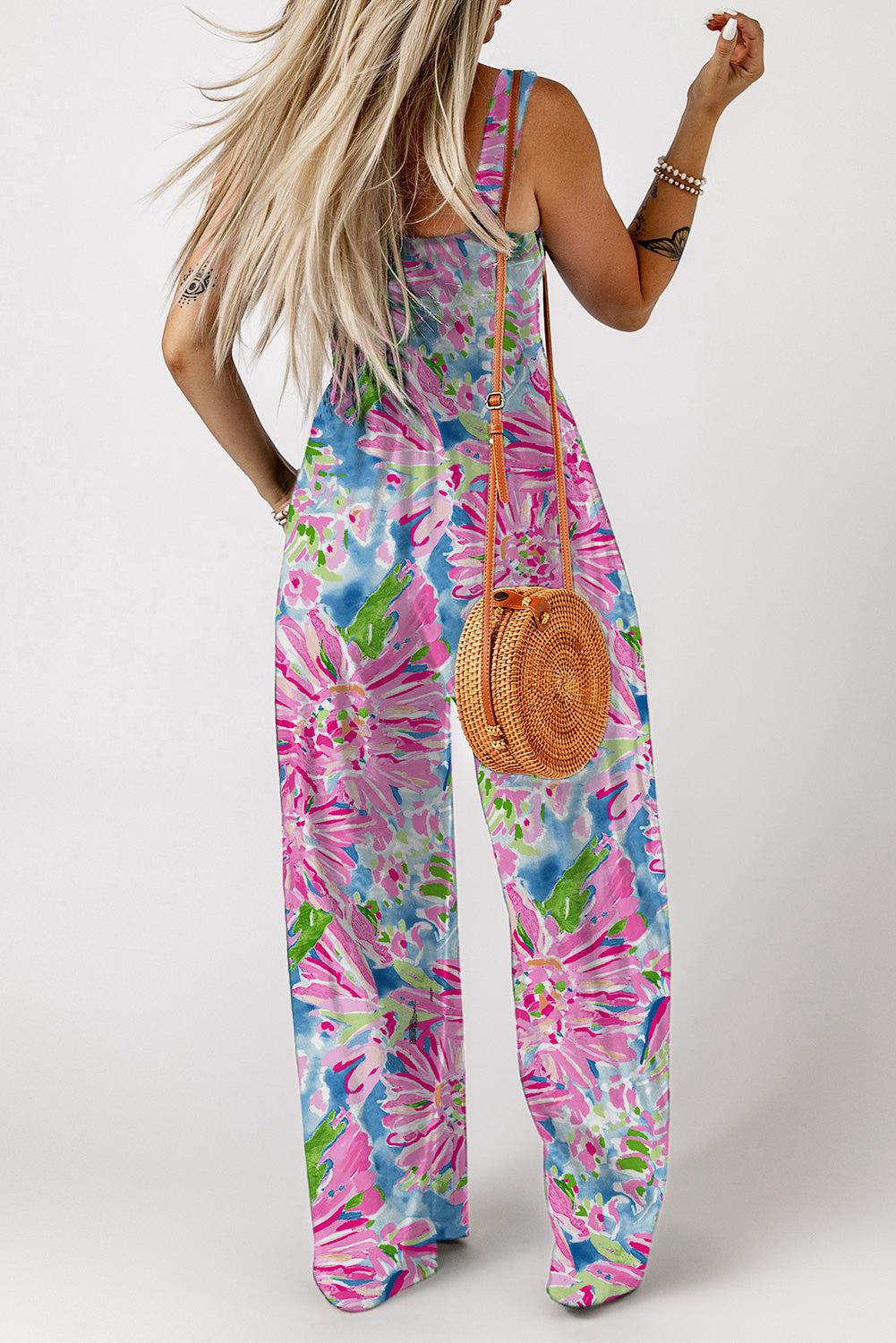 Floral Smocked Square Neck Jumpsuit with Pockets BLUE ZONE PLANET