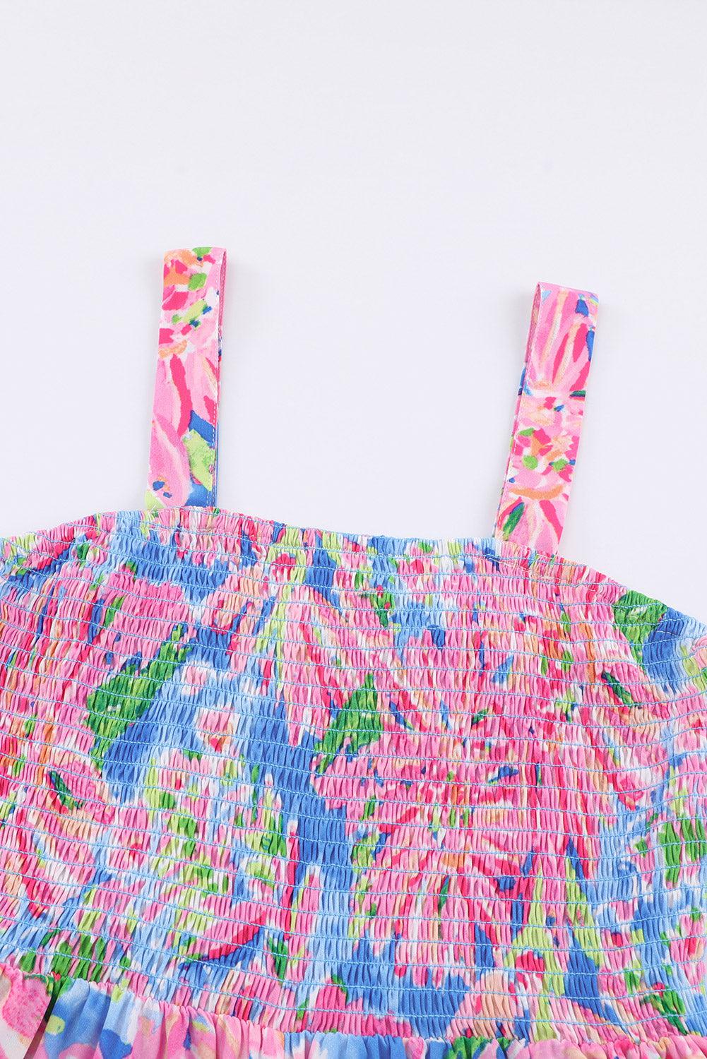Floral Smocked Square Neck Jumpsuit with Pockets BLUE ZONE PLANET