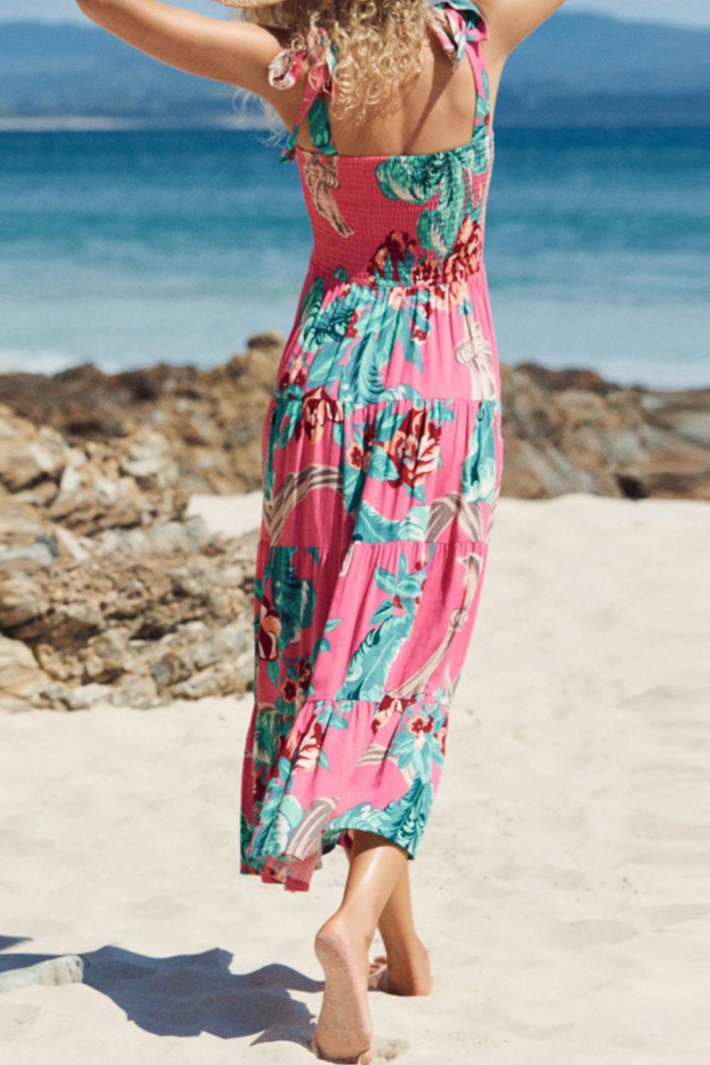 Floral Smocked Tie-Shoulder Tiered Dress BLUE ZONE PLANET