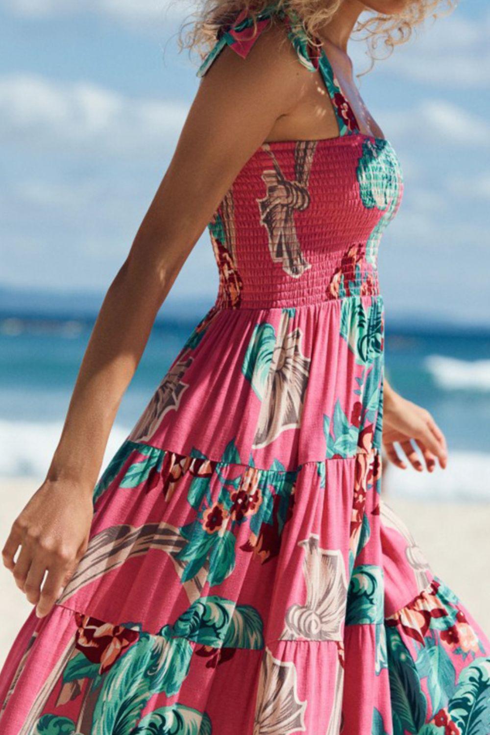 Floral Smocked Tie-Shoulder Tiered Dress BLUE ZONE PLANET