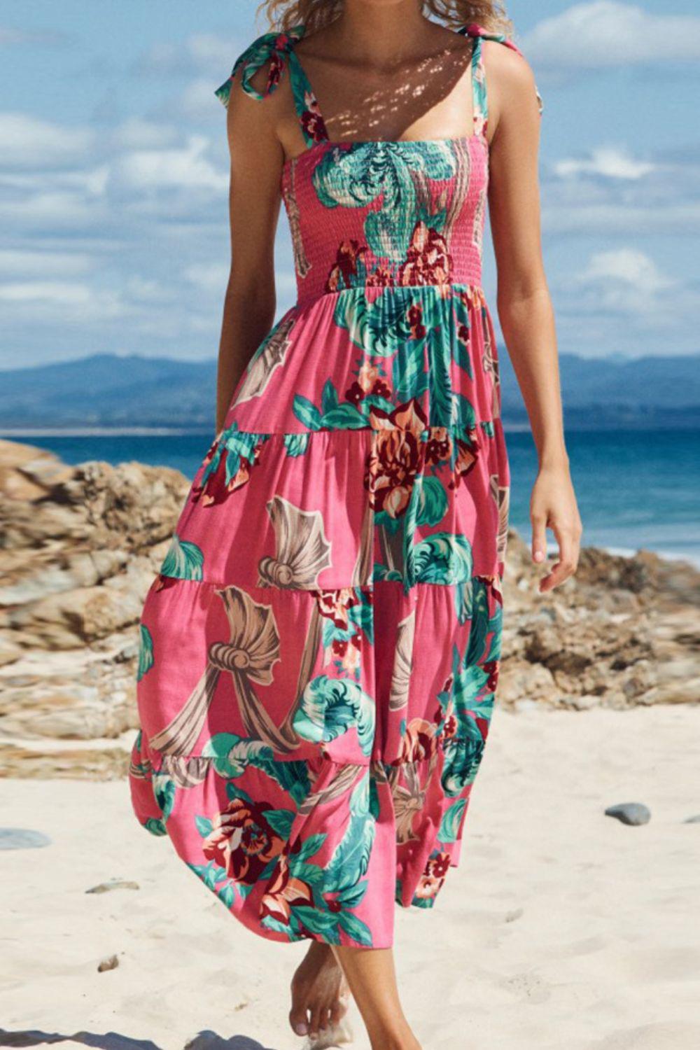Floral Smocked Tie-Shoulder Tiered Dress BLUE ZONE PLANET
