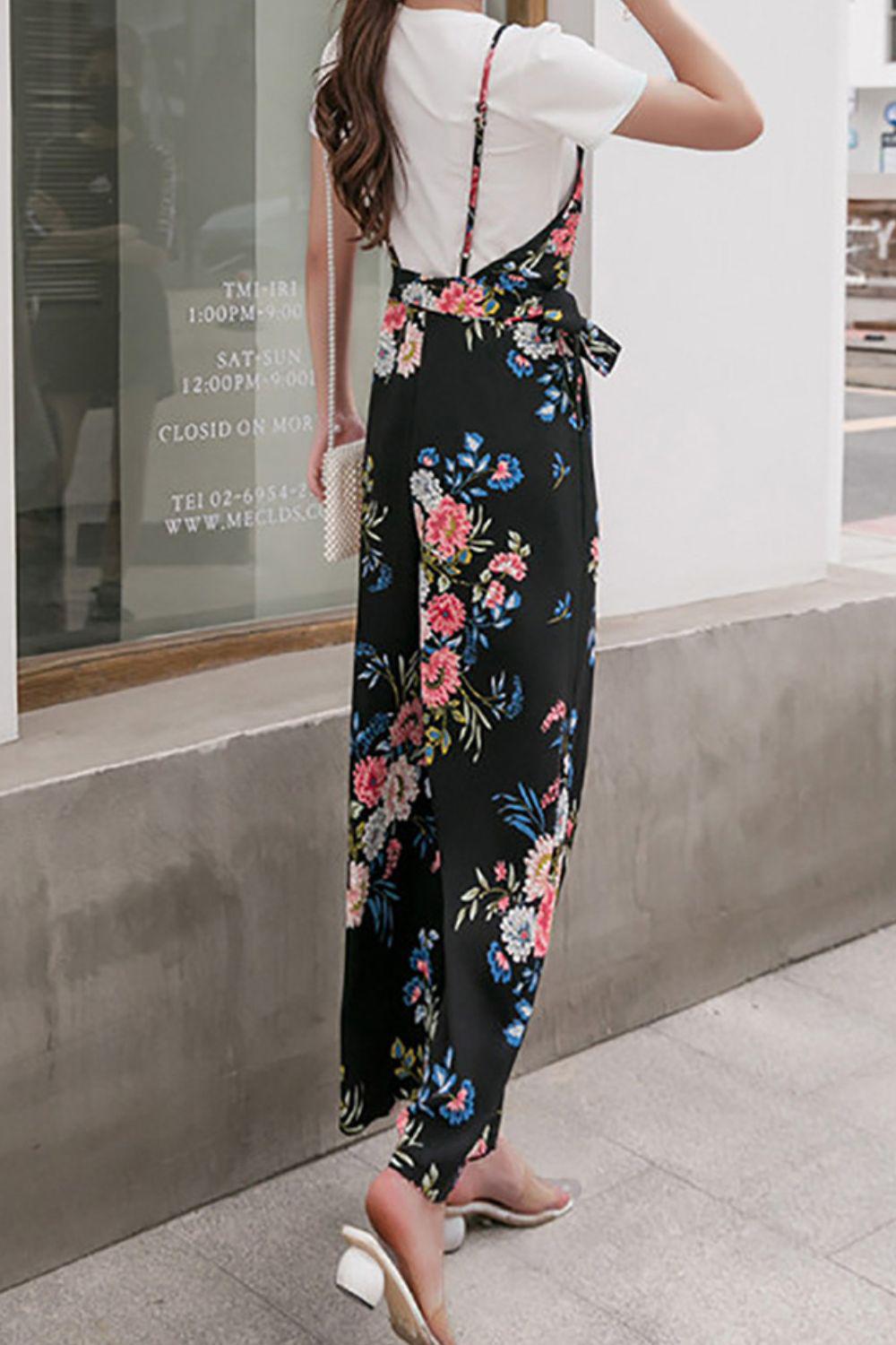 Floral Spaghetti Strap Wide Leg Jumpsuit with Pockets BLUE ZONE PLANET