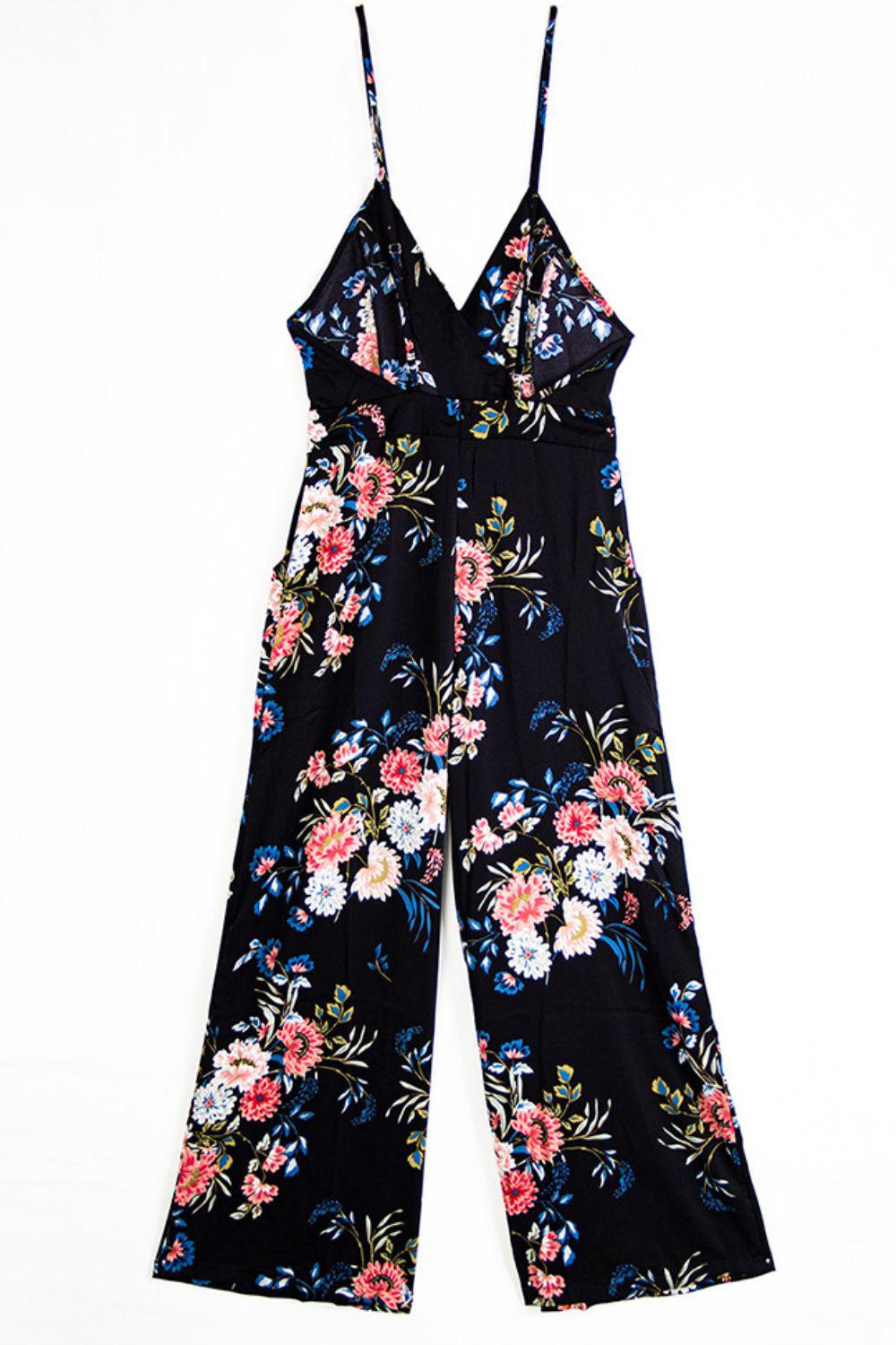 Floral Spaghetti Strap Wide Leg Jumpsuit with Pockets BLUE ZONE PLANET