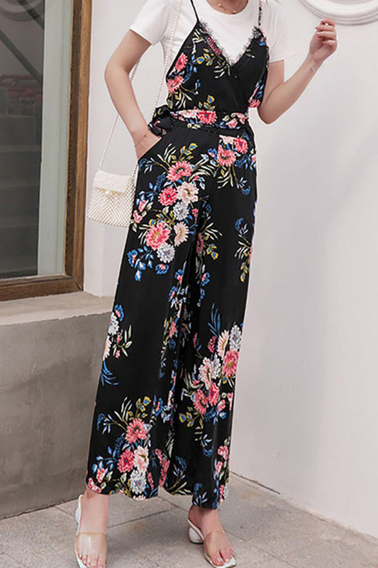 Floral Spaghetti Strap Wide Leg Jumpsuit with Pockets BLUE ZONE PLANET