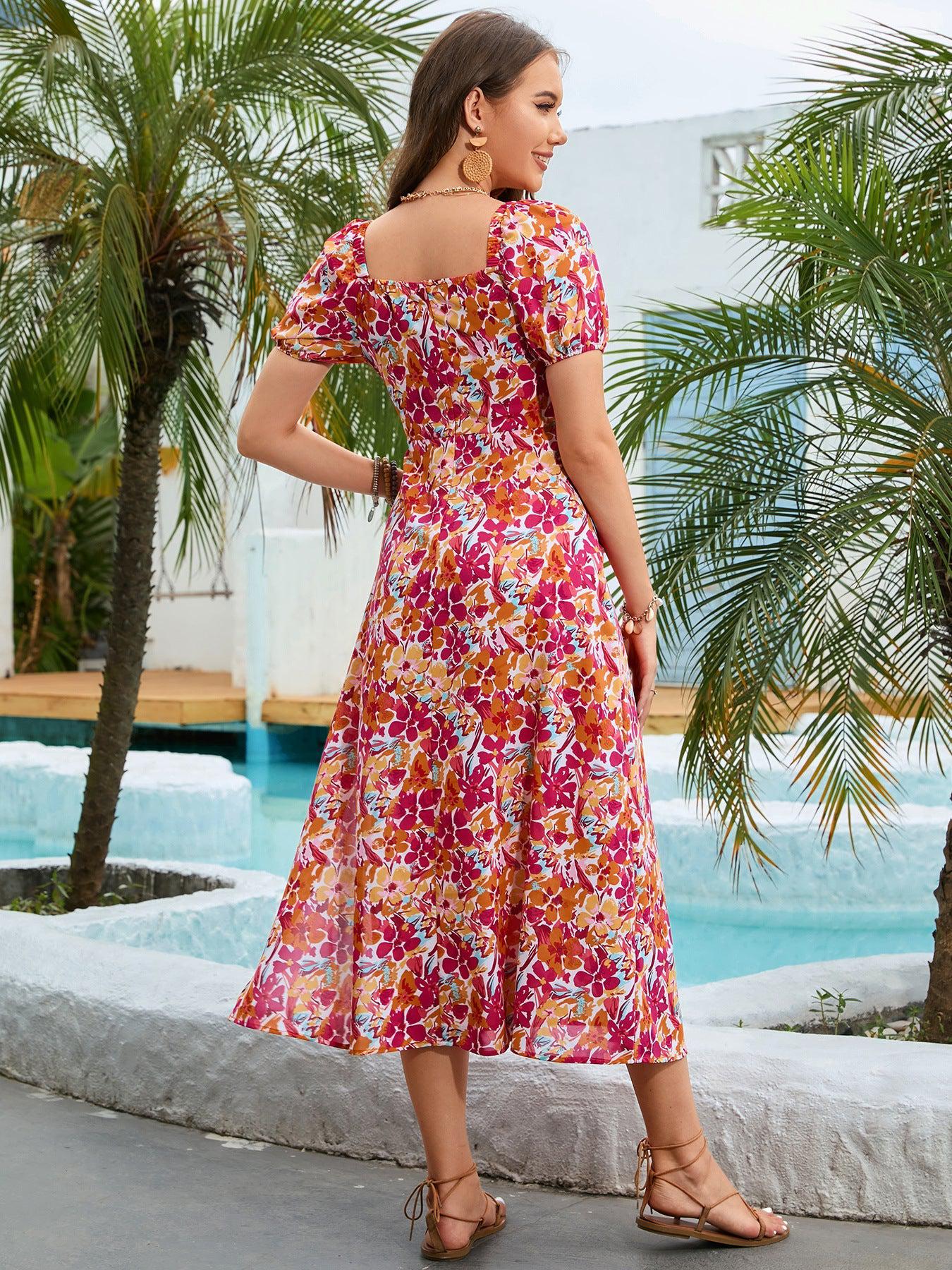 Floral Square Neck Short Sleeve Midi Dress BLUE ZONE PLANET