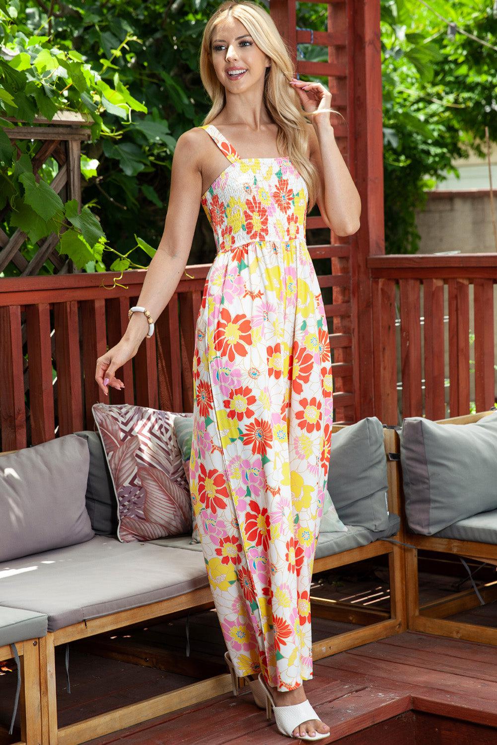 Floral Square Neck Smocked Wide Leg Jumpsuit BLUE ZONE PLANET