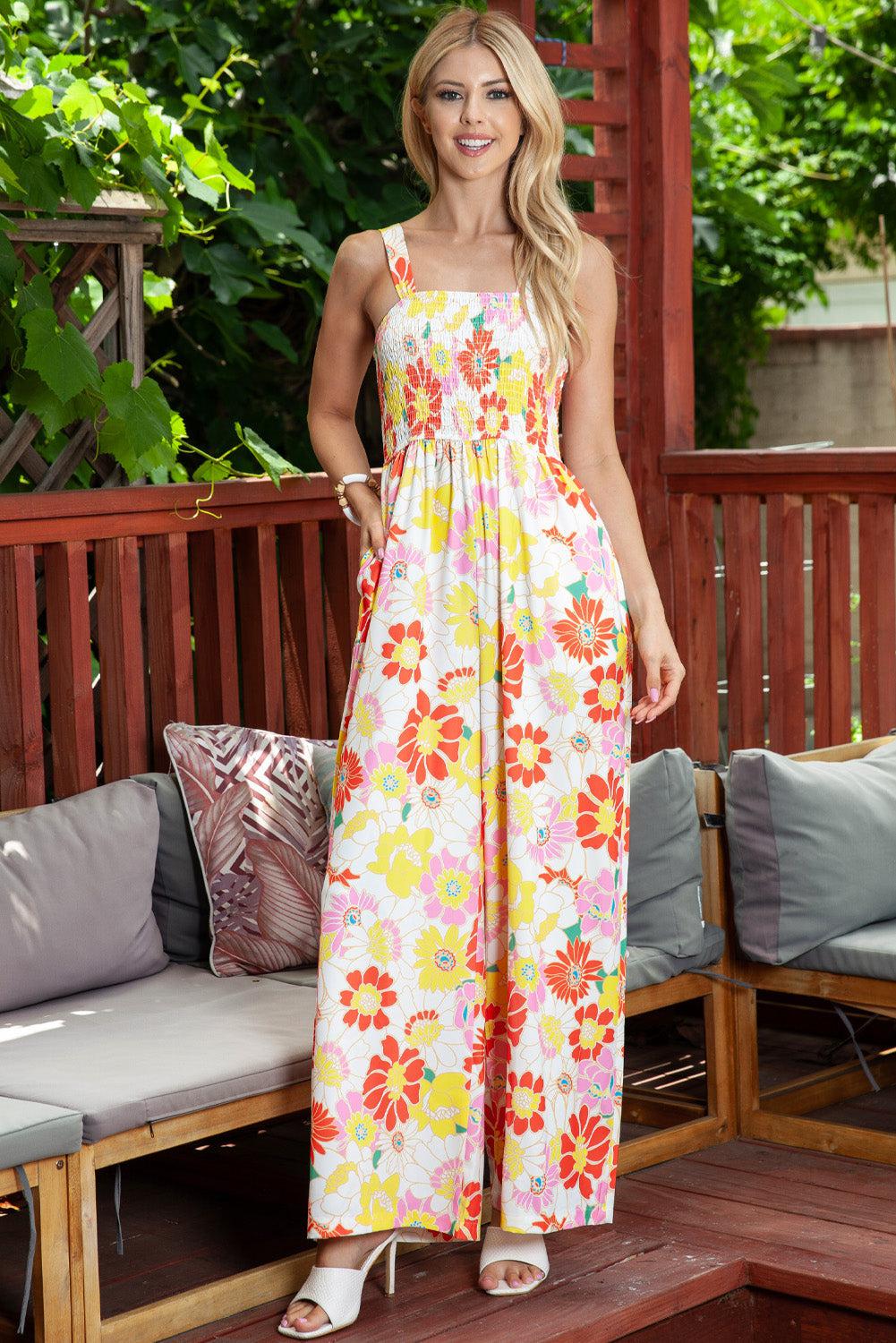 Floral Square Neck Smocked Wide Leg Jumpsuit BLUE ZONE PLANET