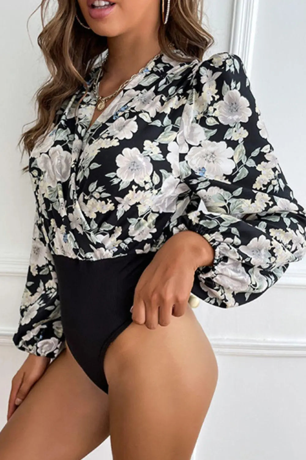 Floral Surplice Neck Puff Sleeve Bodysuit BLUE ZONE PLANET