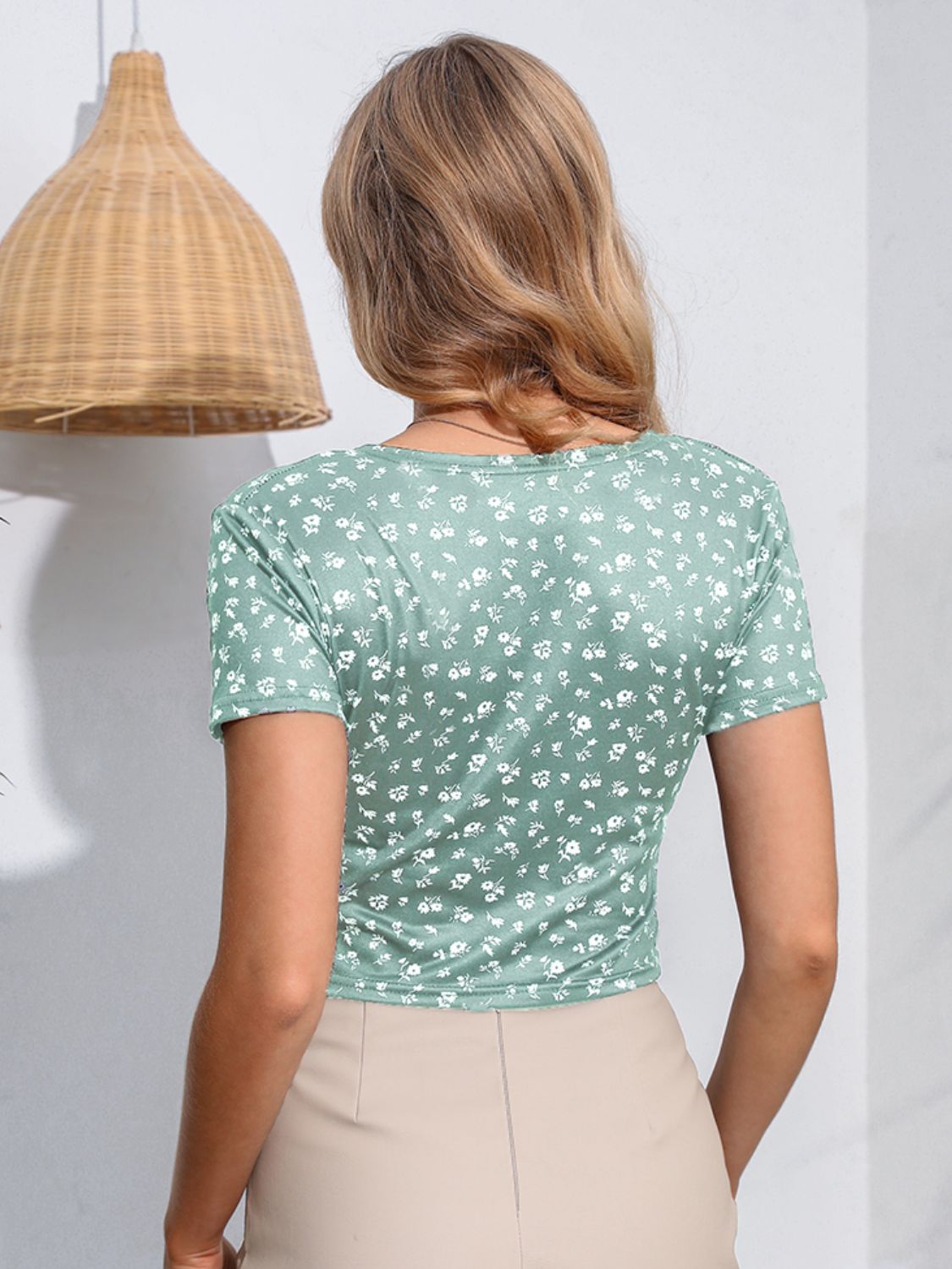 Floral Surplice Neck Short Sleeve Top BLUE ZONE PLANET