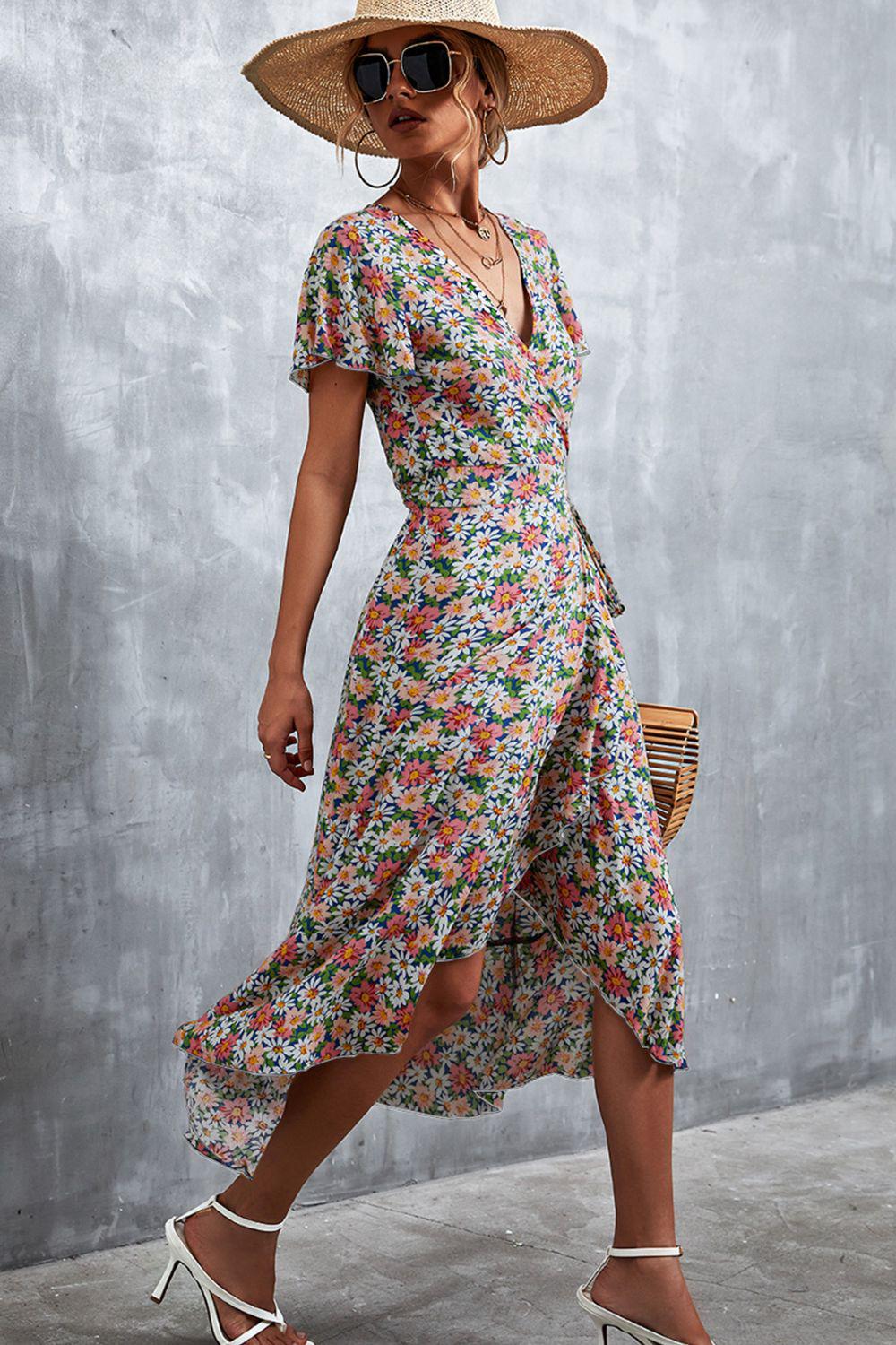 Floral Surplice Neck Tied Midi Dress BLUE ZONE PLANET