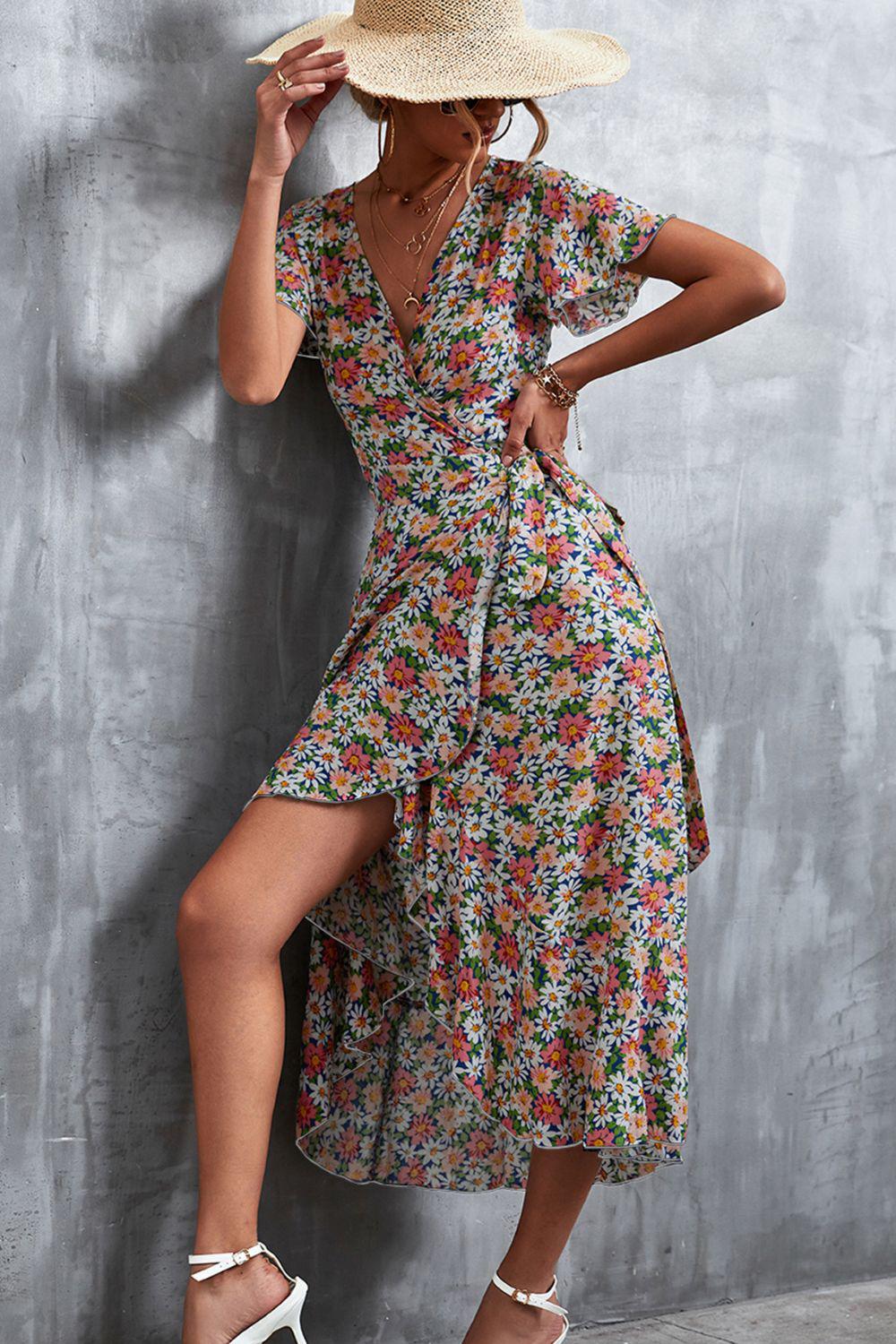 Floral Surplice Neck Tied Midi Dress BLUE ZONE PLANET