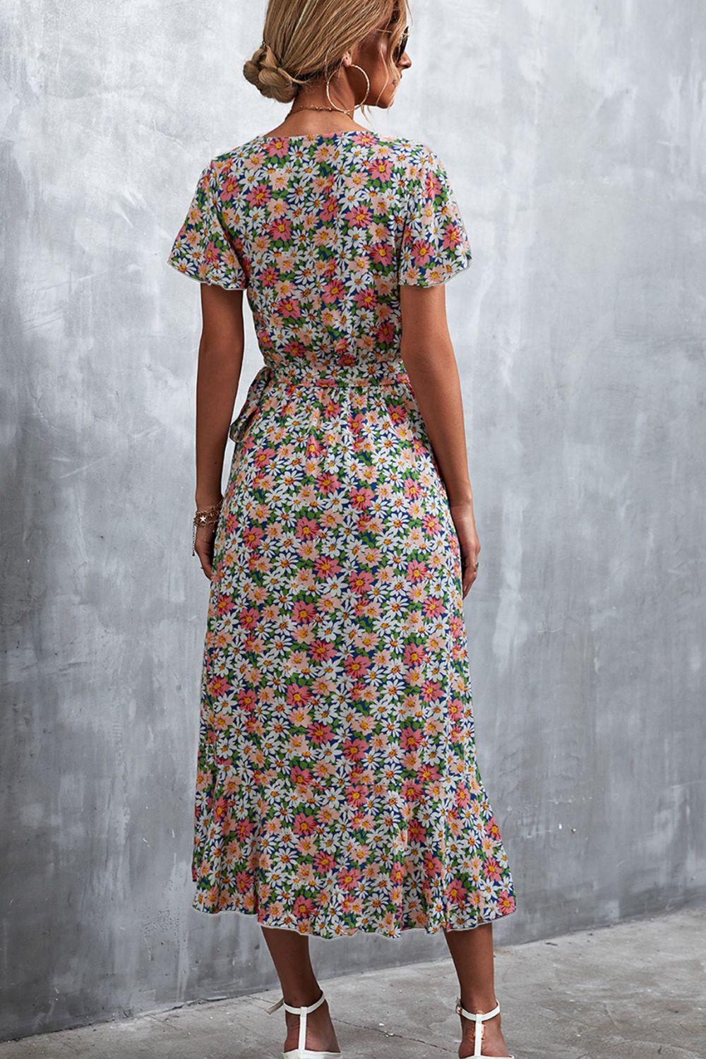 Floral Surplice Neck Tied Midi Dress BLUE ZONE PLANET