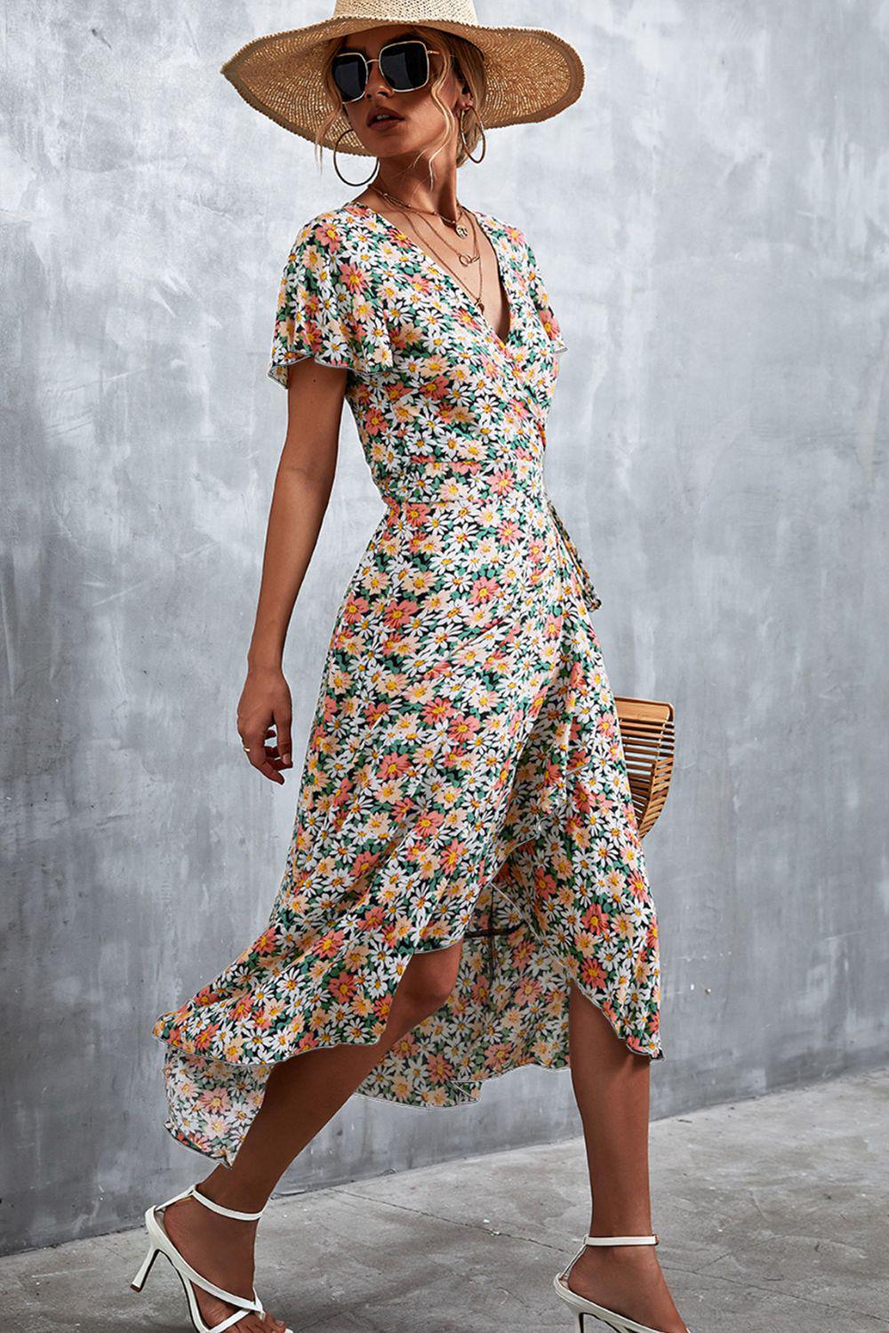 Floral Surplice Neck Tied Midi Dress BLUE ZONE PLANET