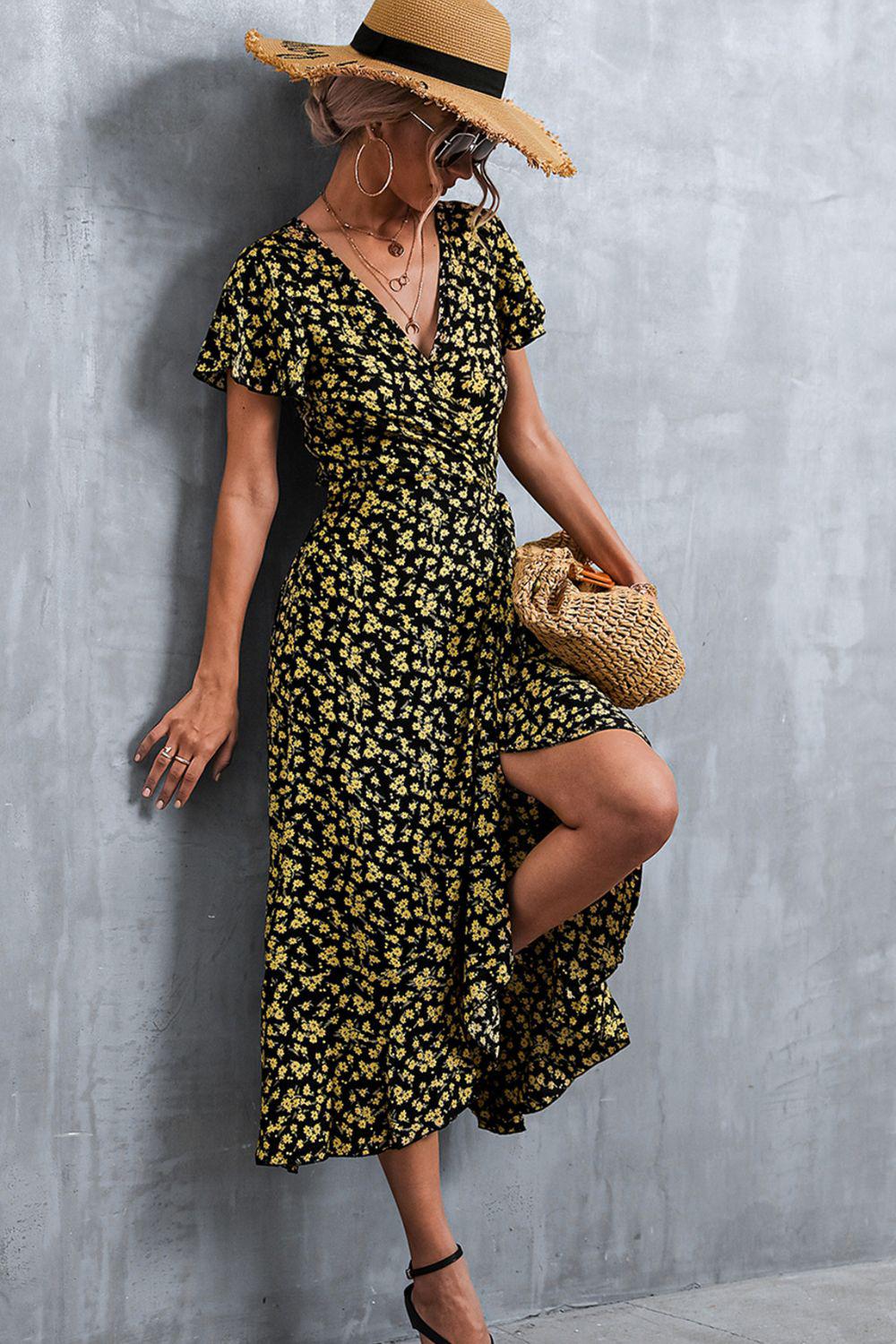 Floral Surplice Neck Tied Midi Dress BLUE ZONE PLANET