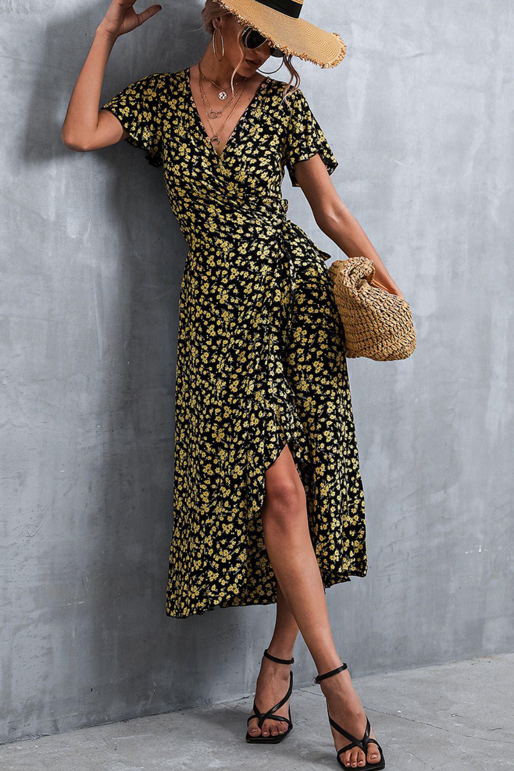 Floral Surplice Neck Tied Midi Dress BLUE ZONE PLANET
