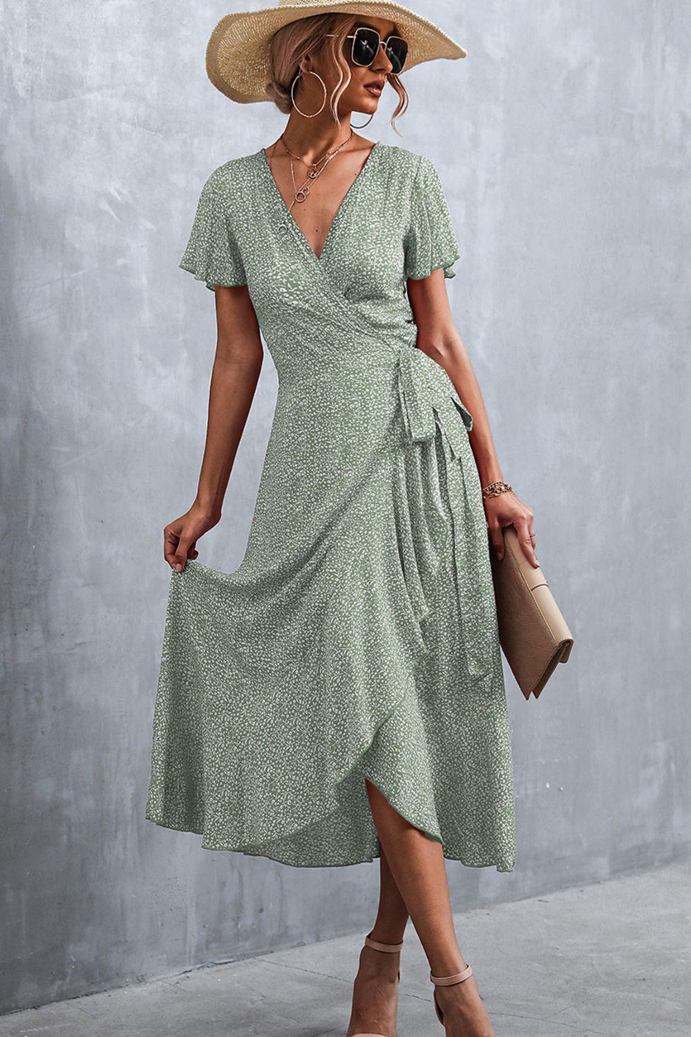 Floral Surplice Neck Tied Midi Dress BLUE ZONE PLANET