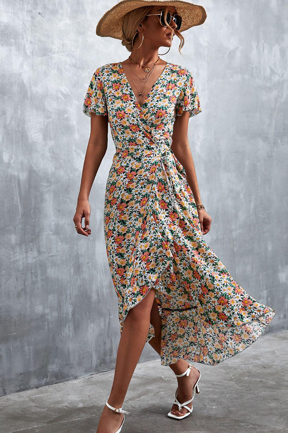 Floral Surplice Neck Tied Midi Dress BLUE ZONE PLANET