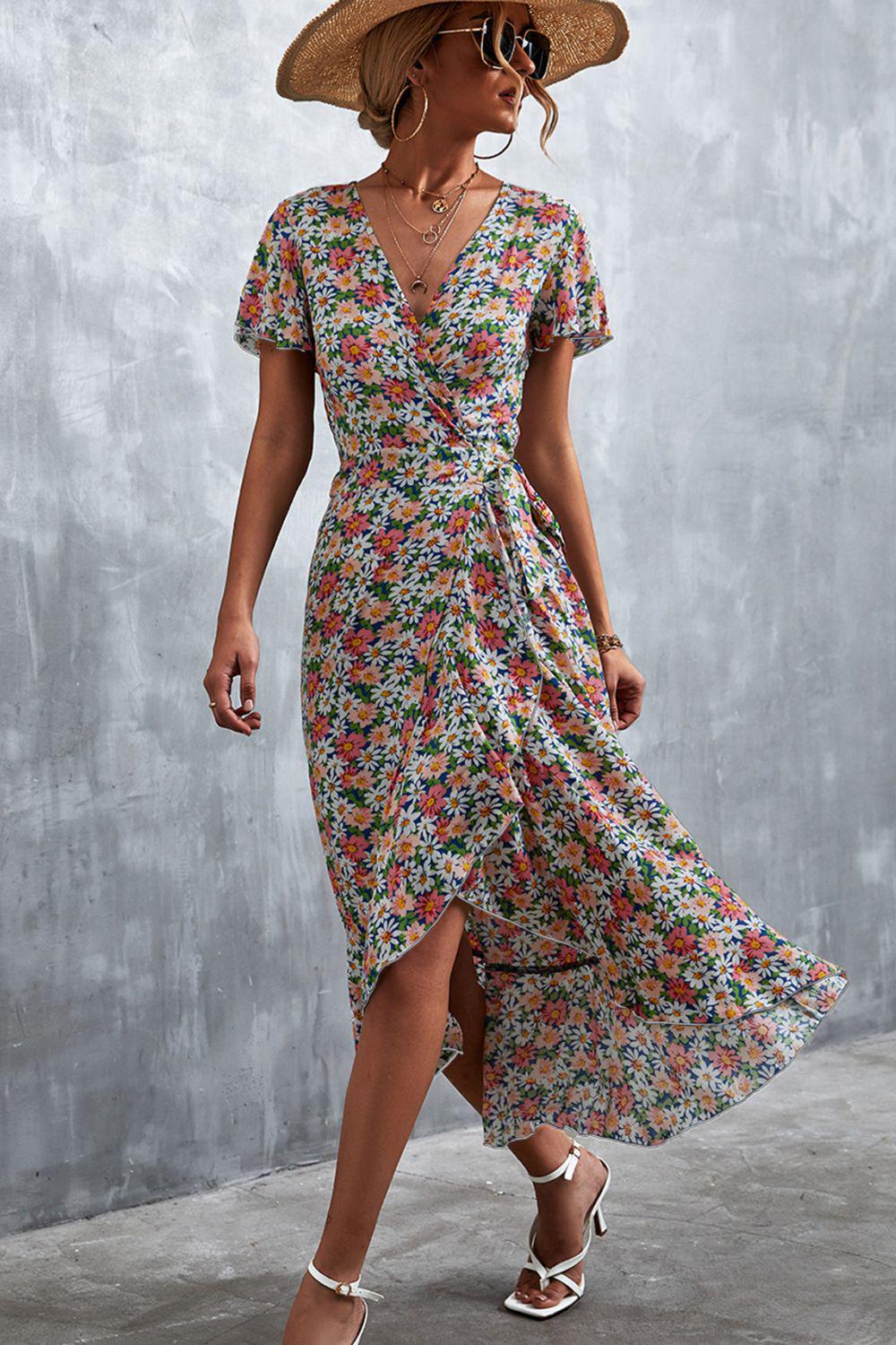 Floral Surplice Neck Tied Midi Dress BLUE ZONE PLANET